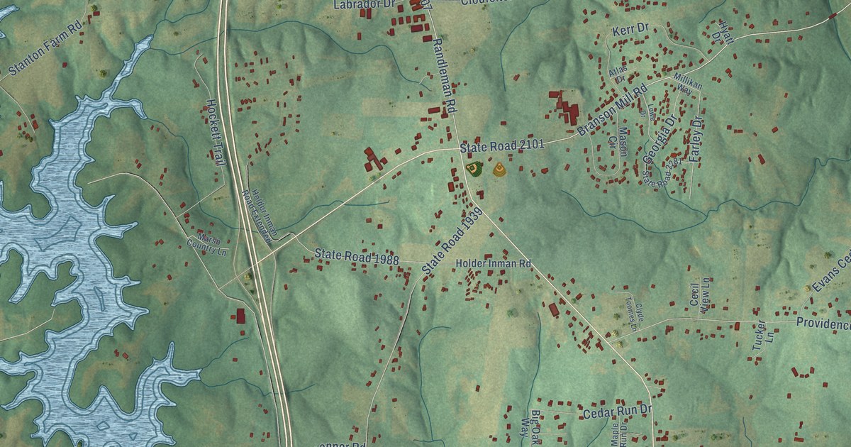Close-up of streets and buildings in Level Cross, North Carolina