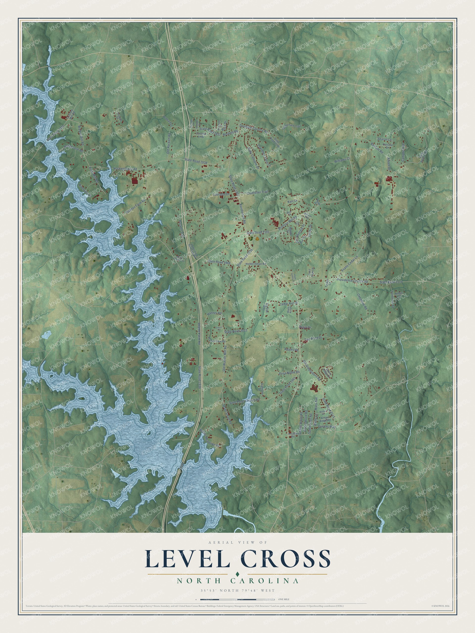 Full map of Level Cross, North Carolina, with red buildings, printed street names and the land around them