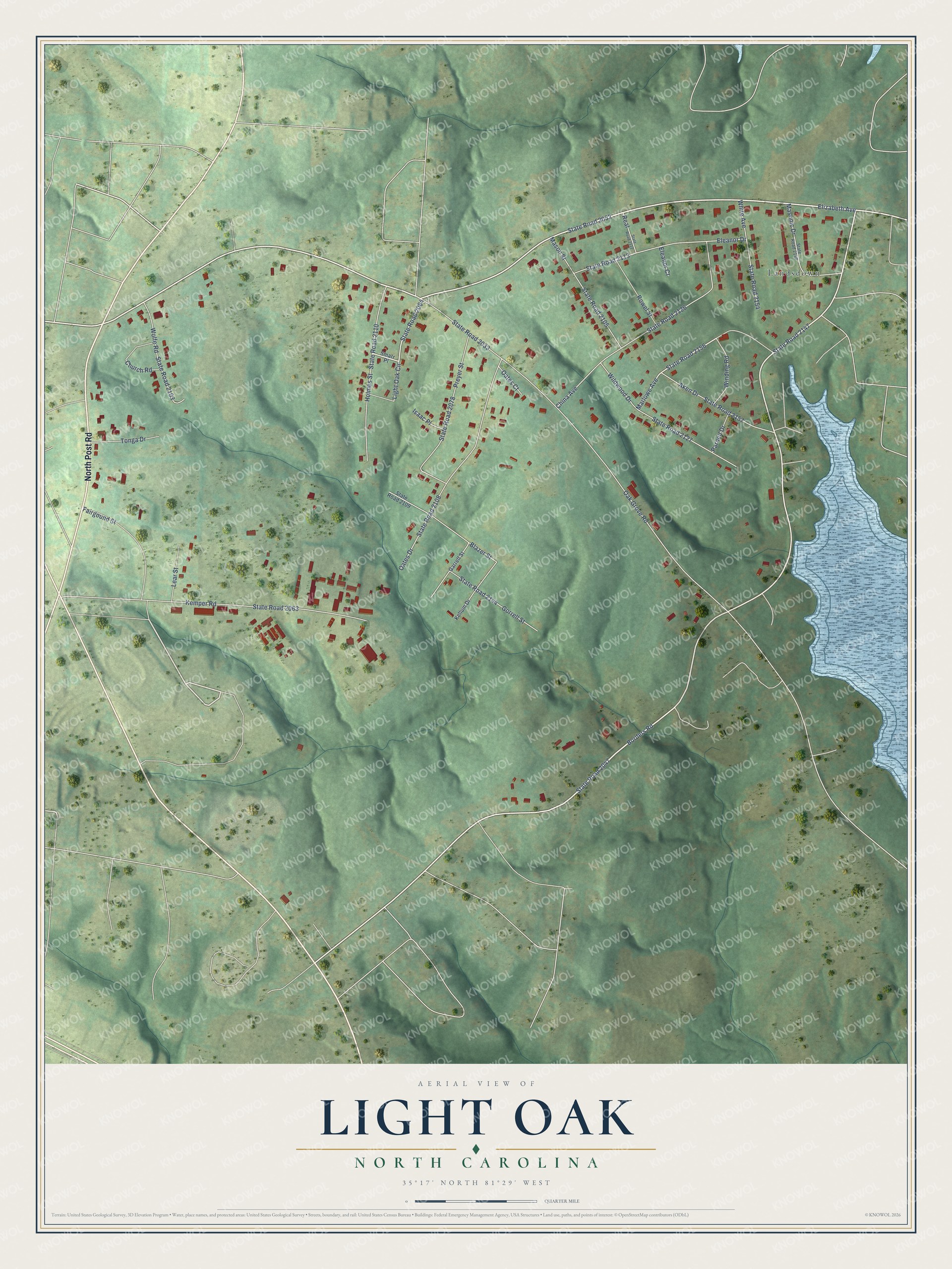 Full map of Light Oak, North Carolina, with red buildings, printed street names and the land around them