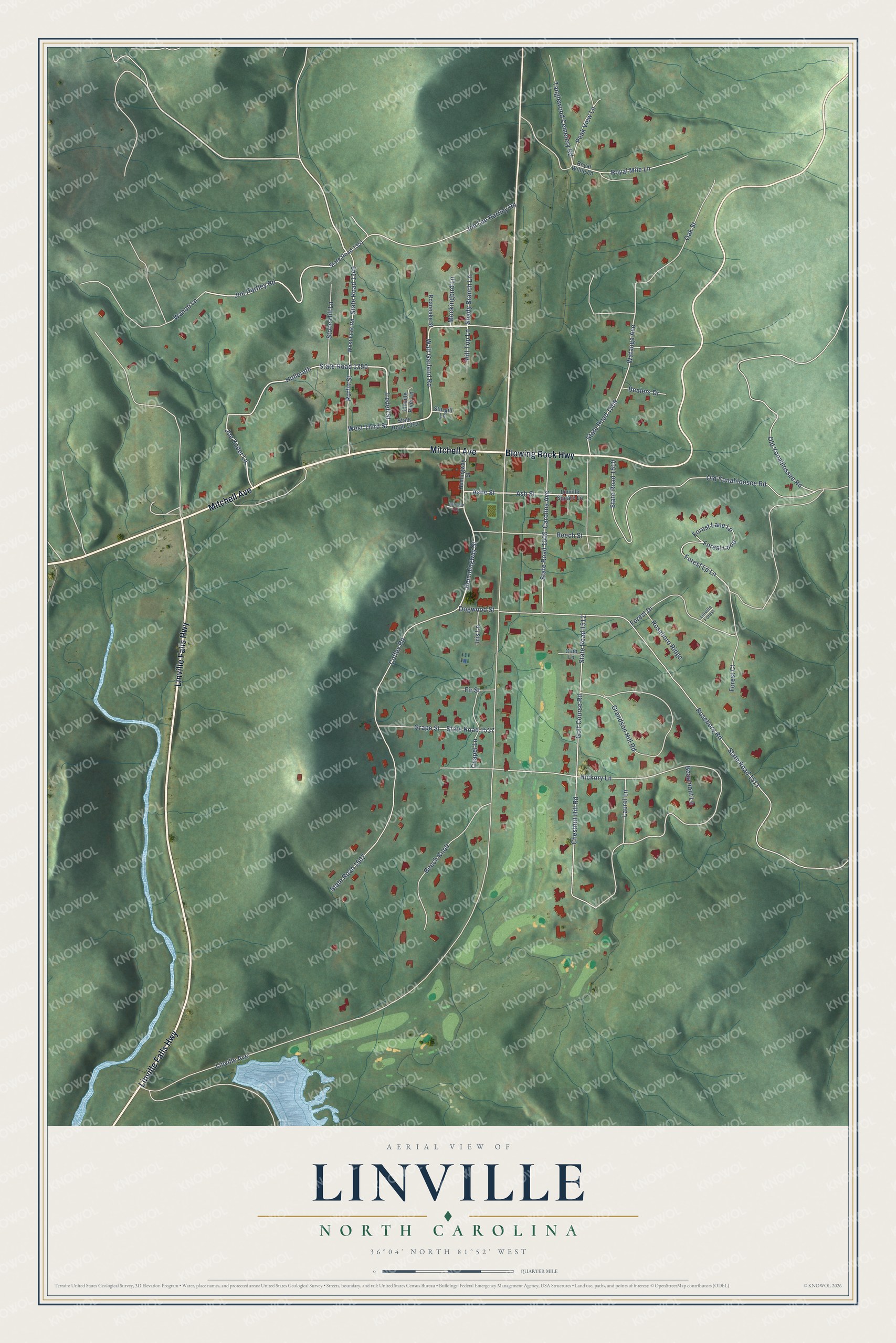 Full map of Linville, North Carolina, with red buildings, printed street names and the land around them