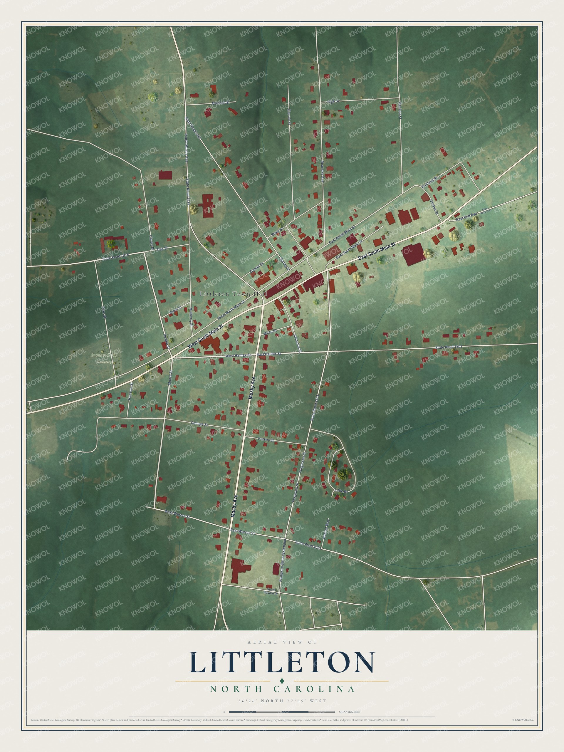 Full map of Littleton, North Carolina, with red buildings, printed street names and the land around them