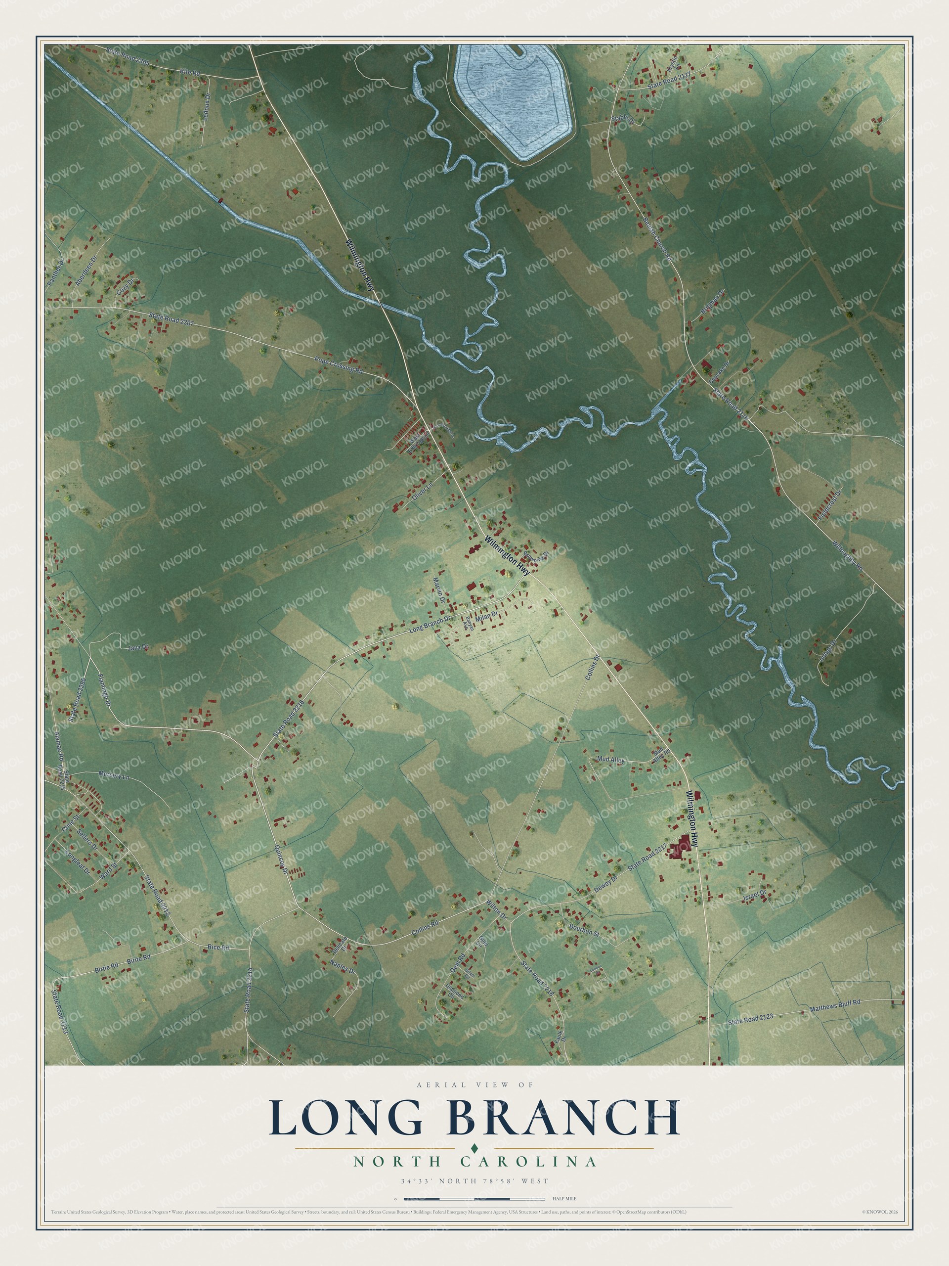 Full map of Long Branch, North Carolina, with red buildings, printed street names and the land around them