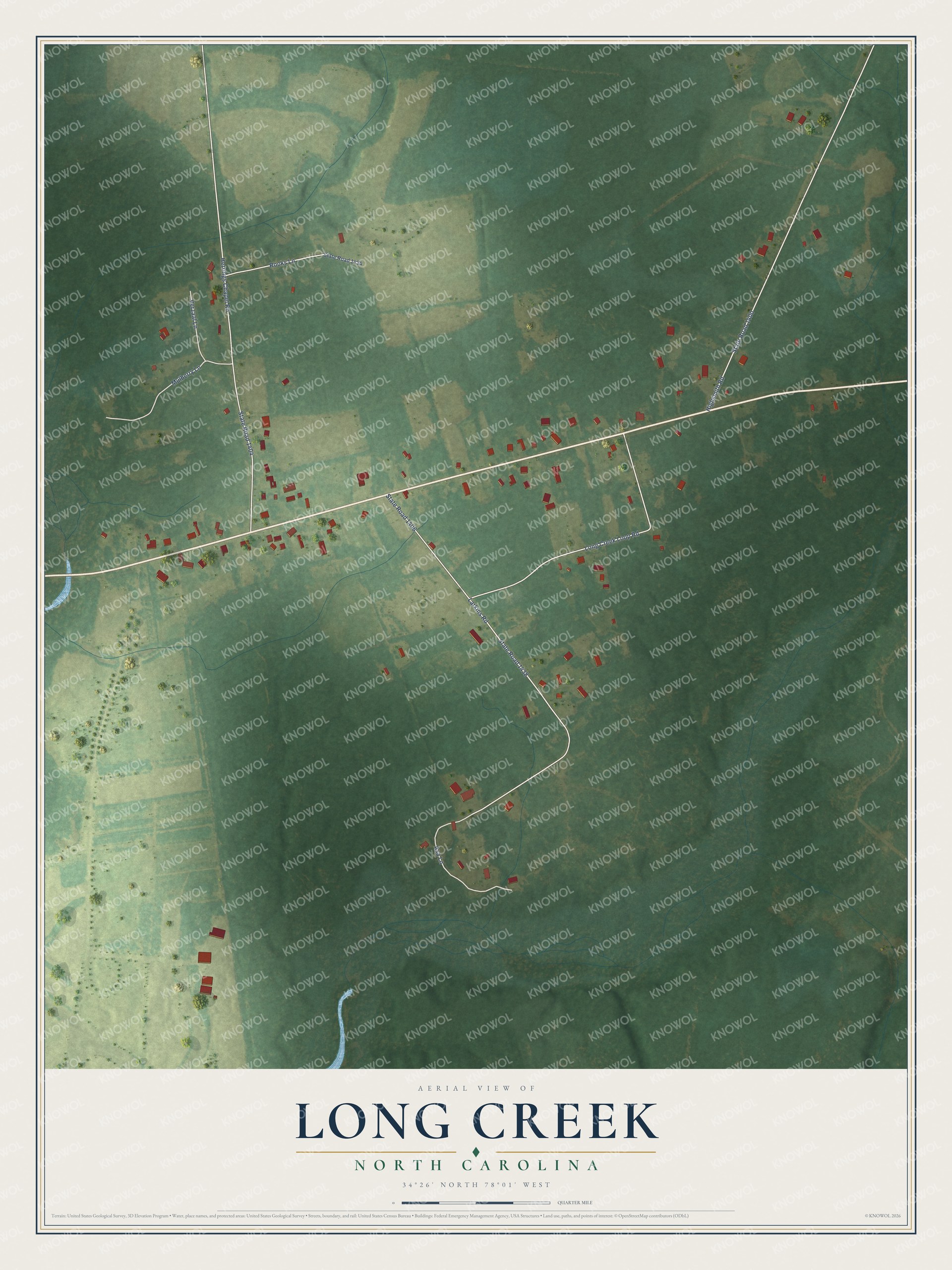 Full map of Long Creek, North Carolina, with red buildings, printed street names and the land around them
