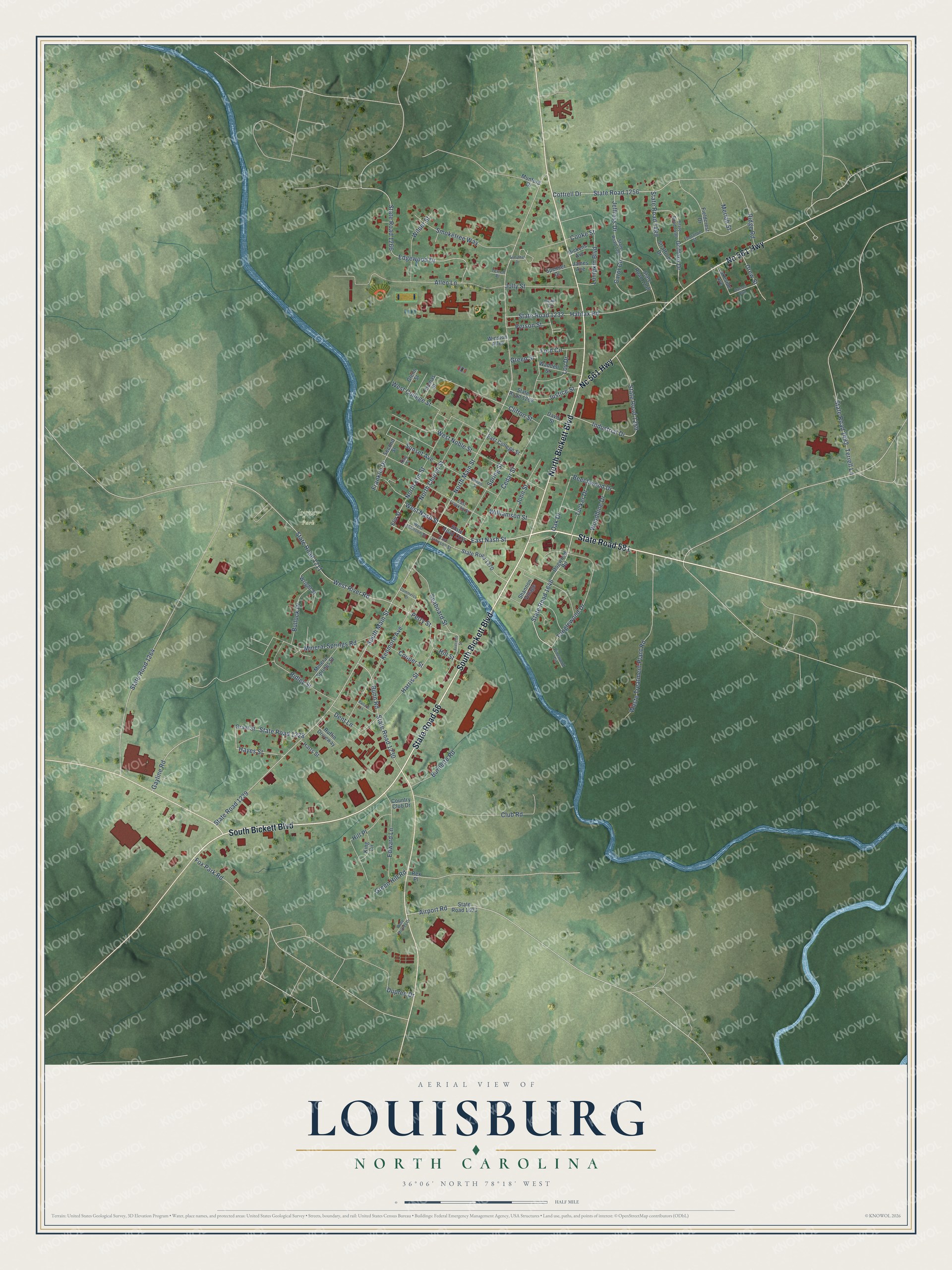 Watermarked full-map preview of Louisburg, North Carolina