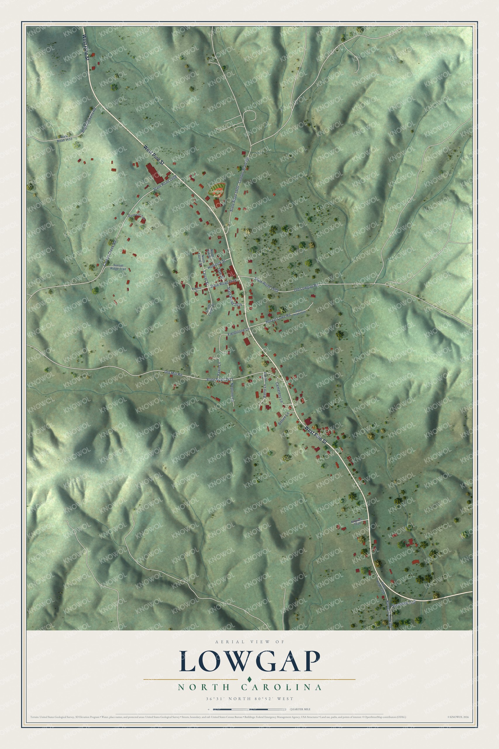Full map of Lowgap, North Carolina, with red buildings, printed street names and the land around them