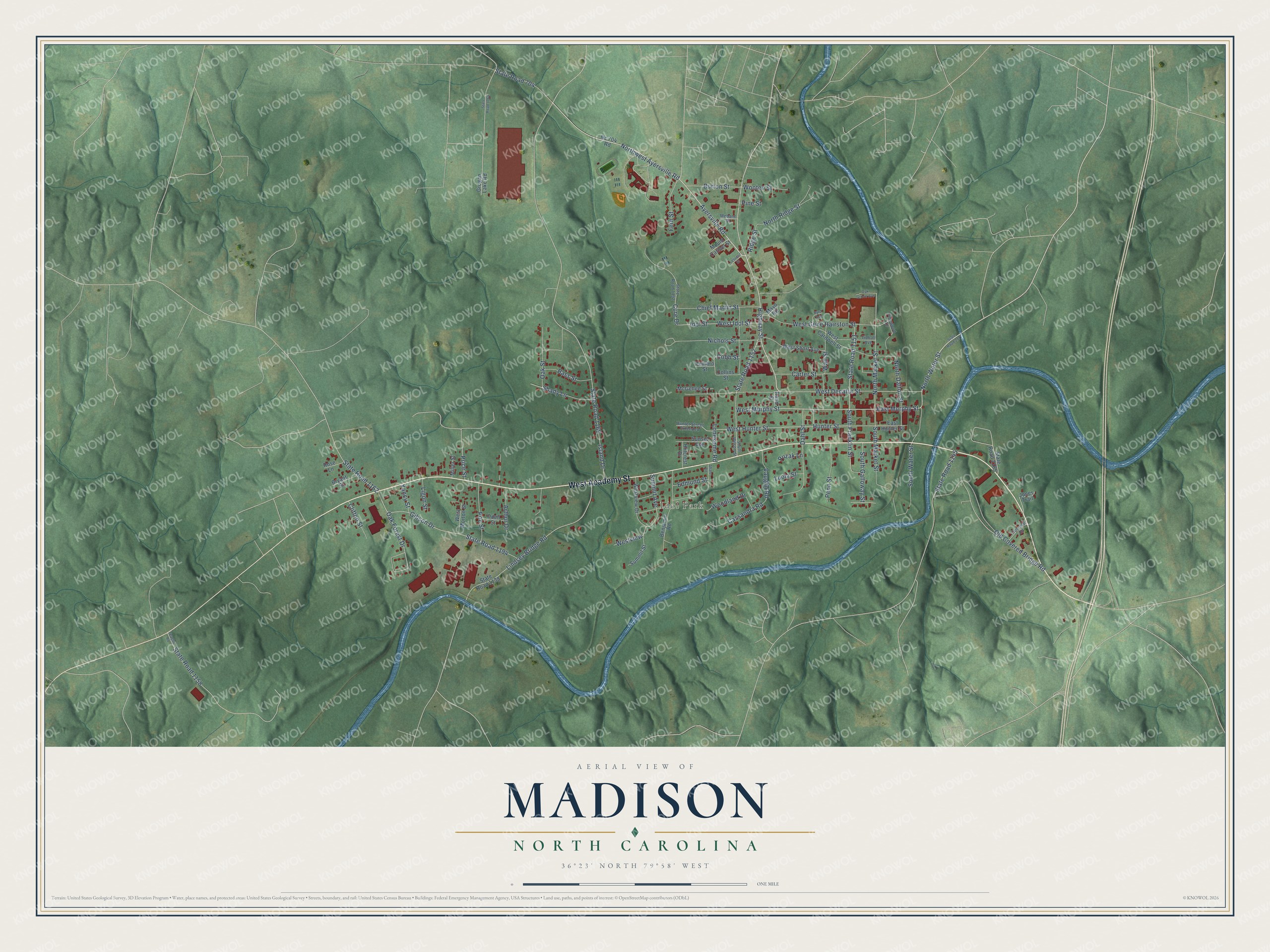 Full map of Madison, North Carolina, with red buildings, printed street names and the land around them