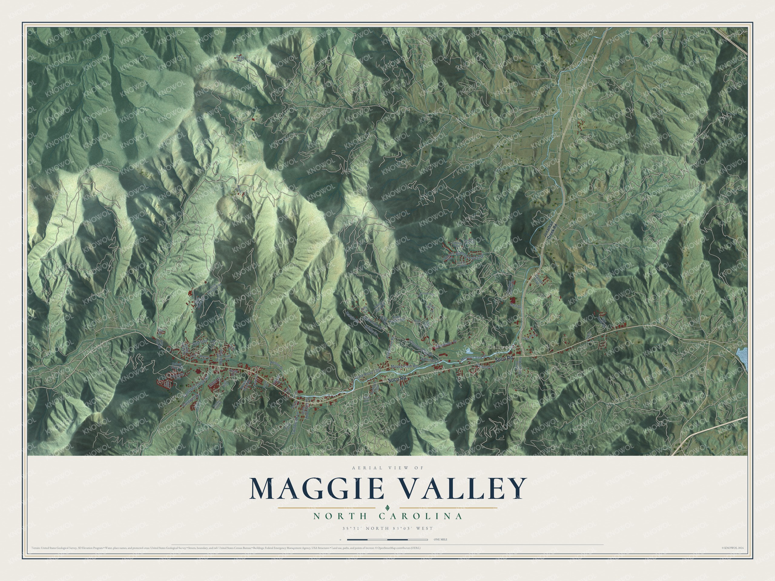 Full map of Maggie Valley, North Carolina, with red buildings, printed street names and the land around them