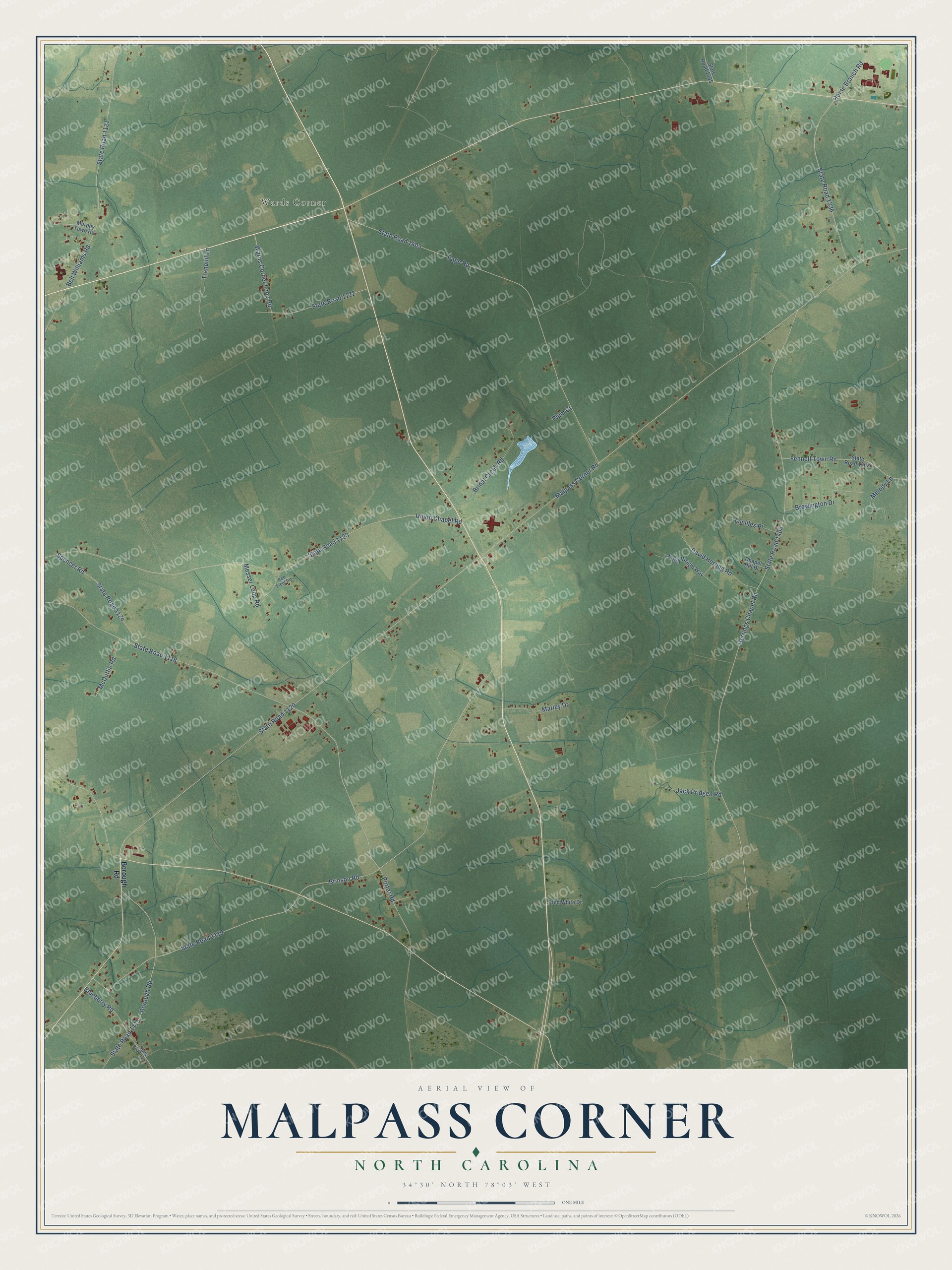 Full map of Malpass Corner, North Carolina, with red buildings, printed street names and the land around them
