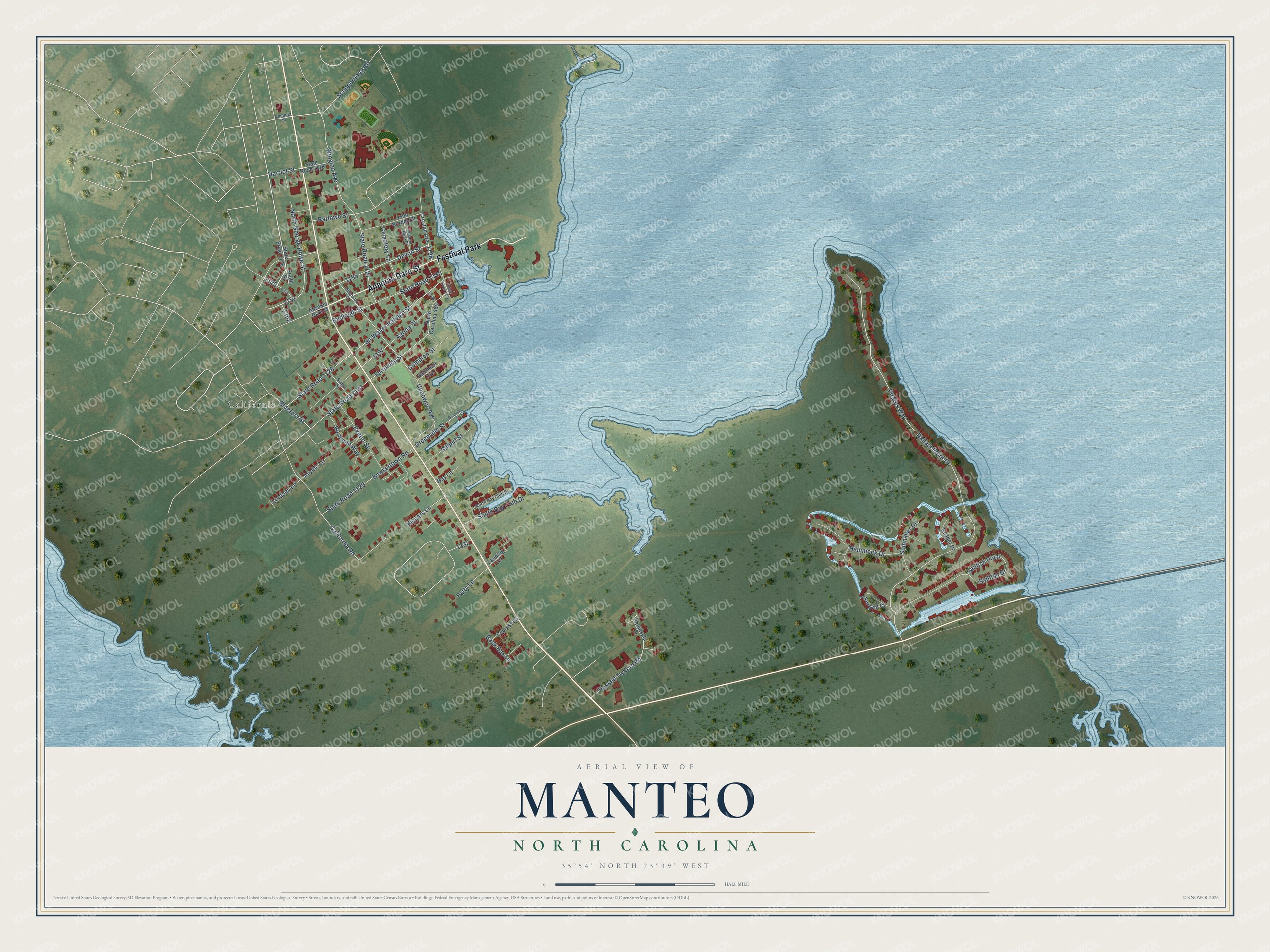 Watermarked full-map preview of Manteo, North Carolina