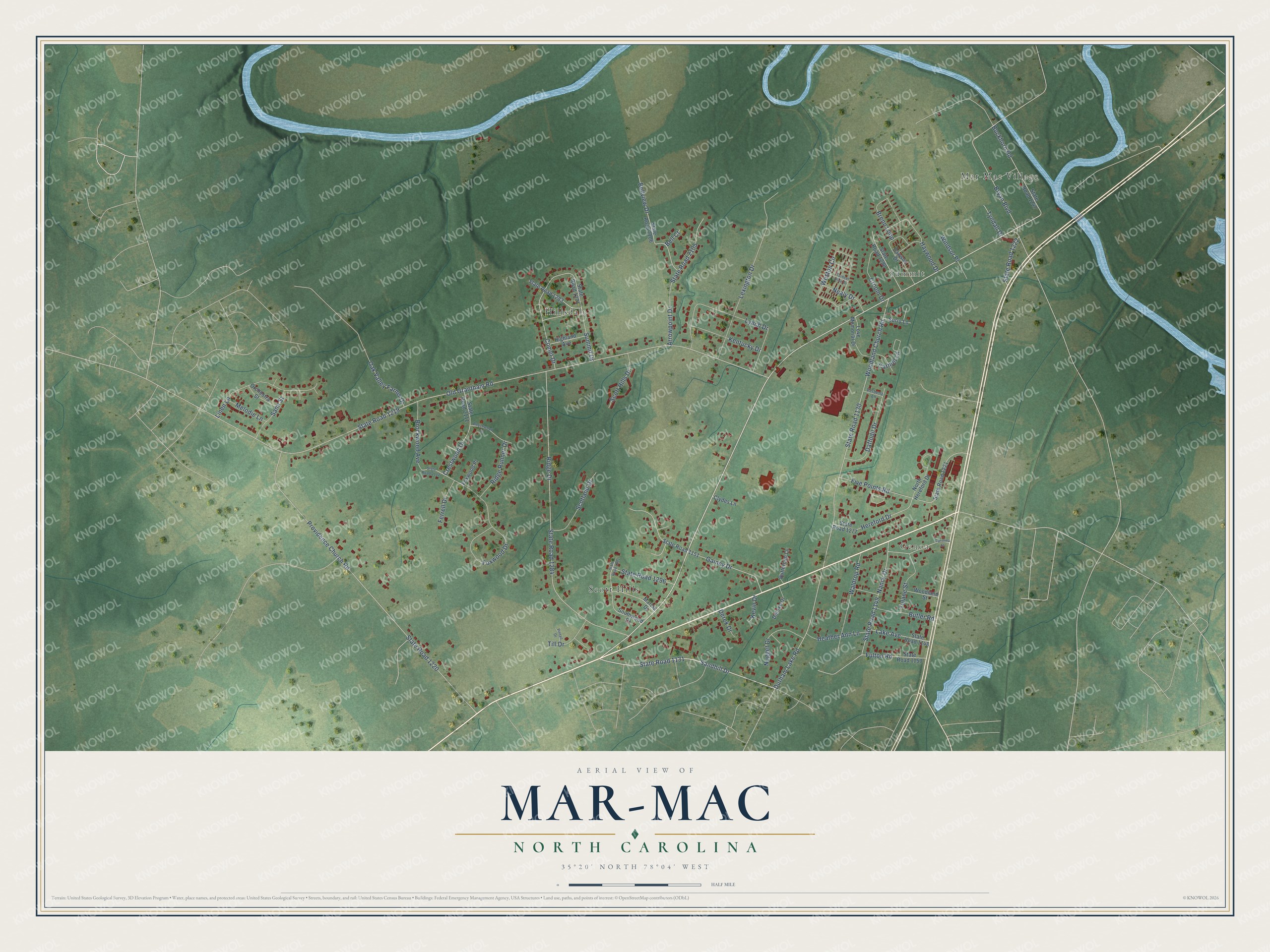 Full map of Mar-Mac, North Carolina, with red buildings, printed street names and the land around them