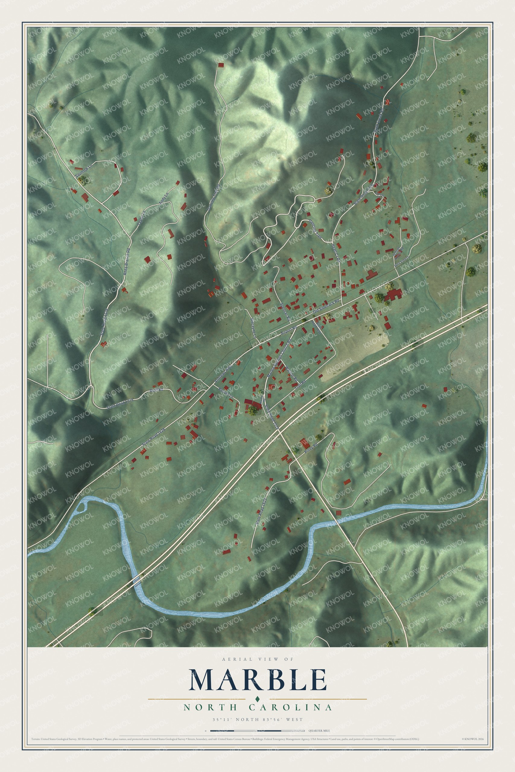 Full map of Marble, North Carolina, with red buildings, printed street names and the land around them