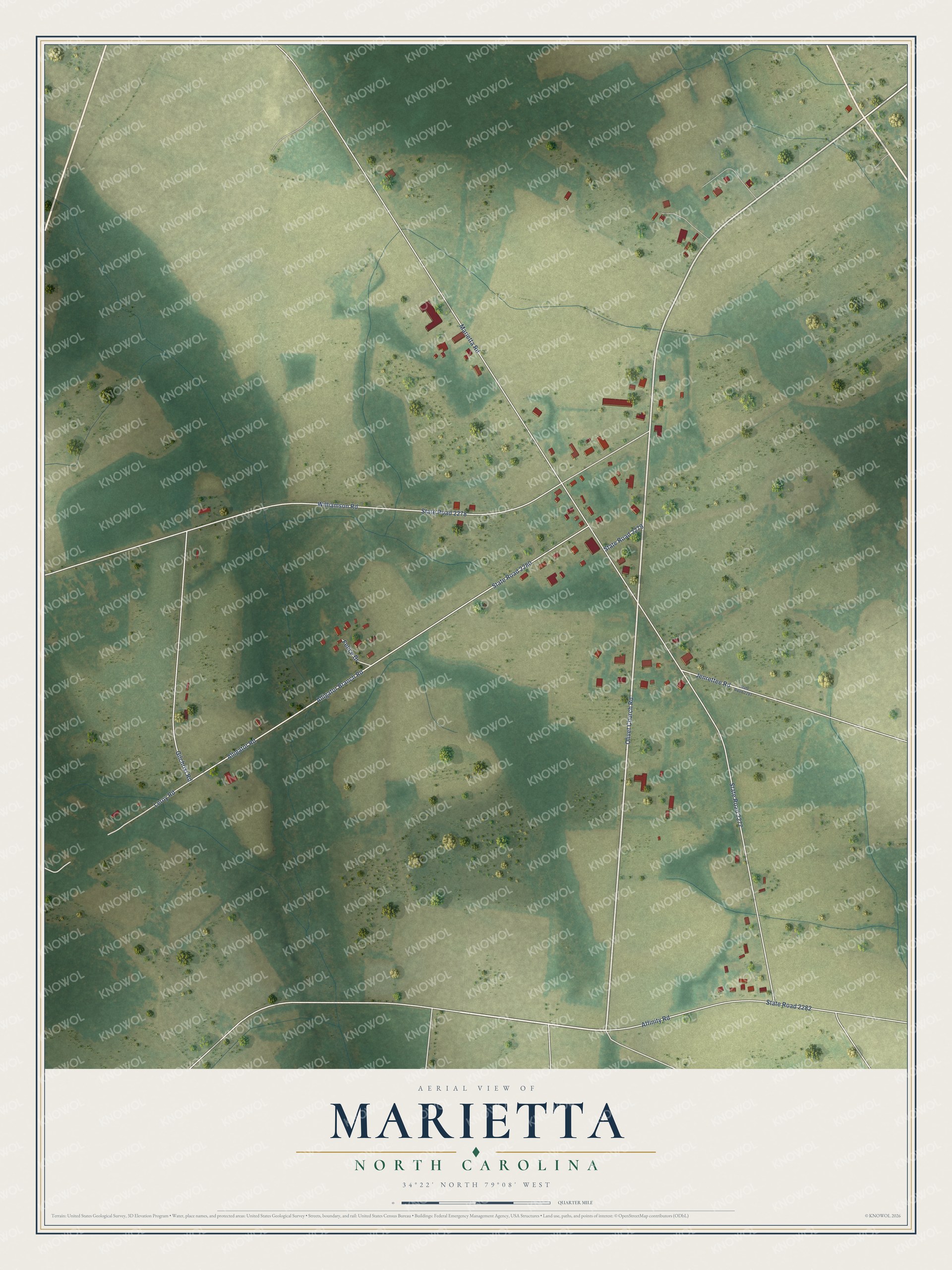 Full map of Marietta, North Carolina, with red buildings, printed street names and the land around them