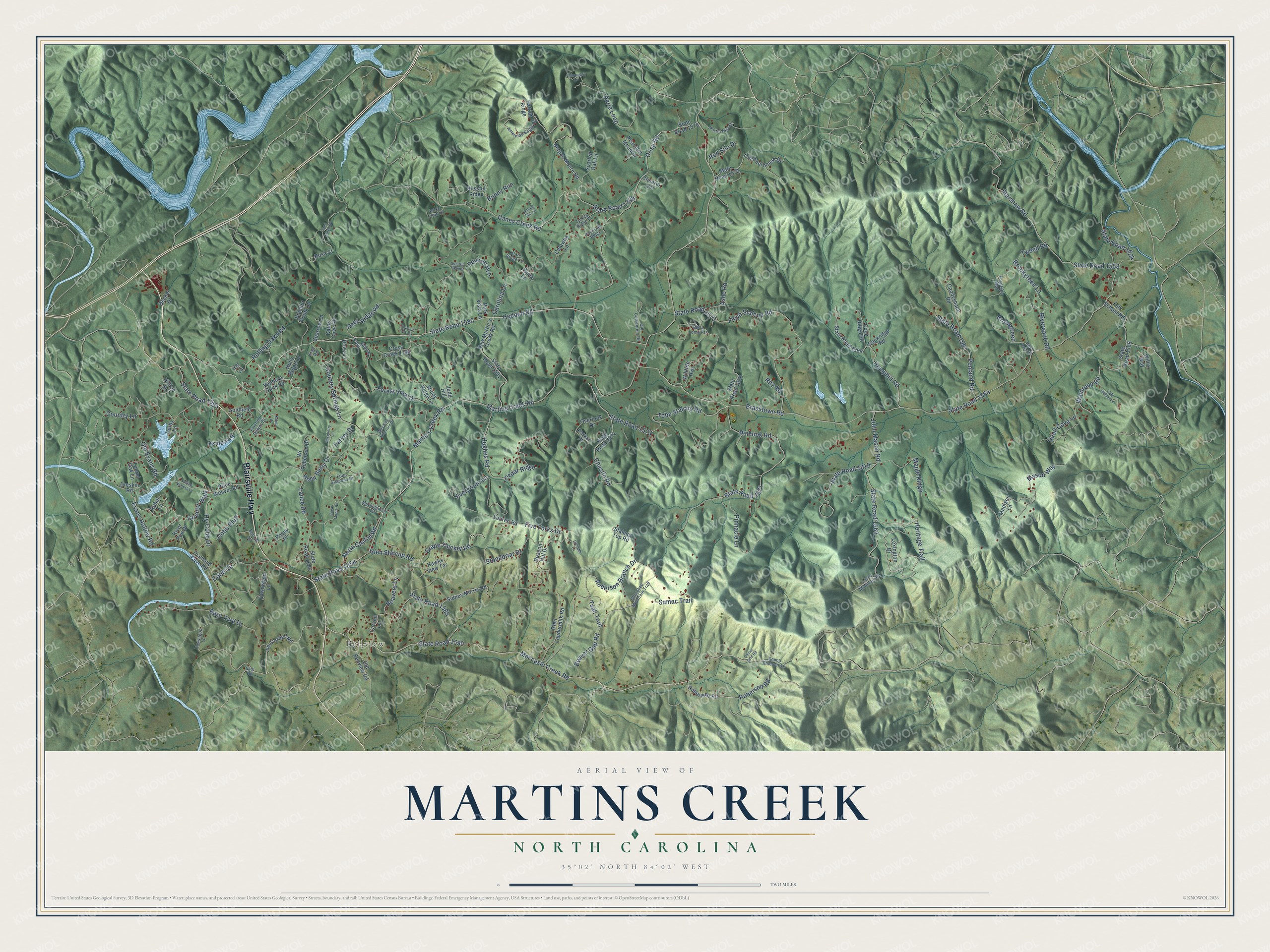 Full map of Martins Creek, North Carolina, with red buildings, printed street names and the land around them