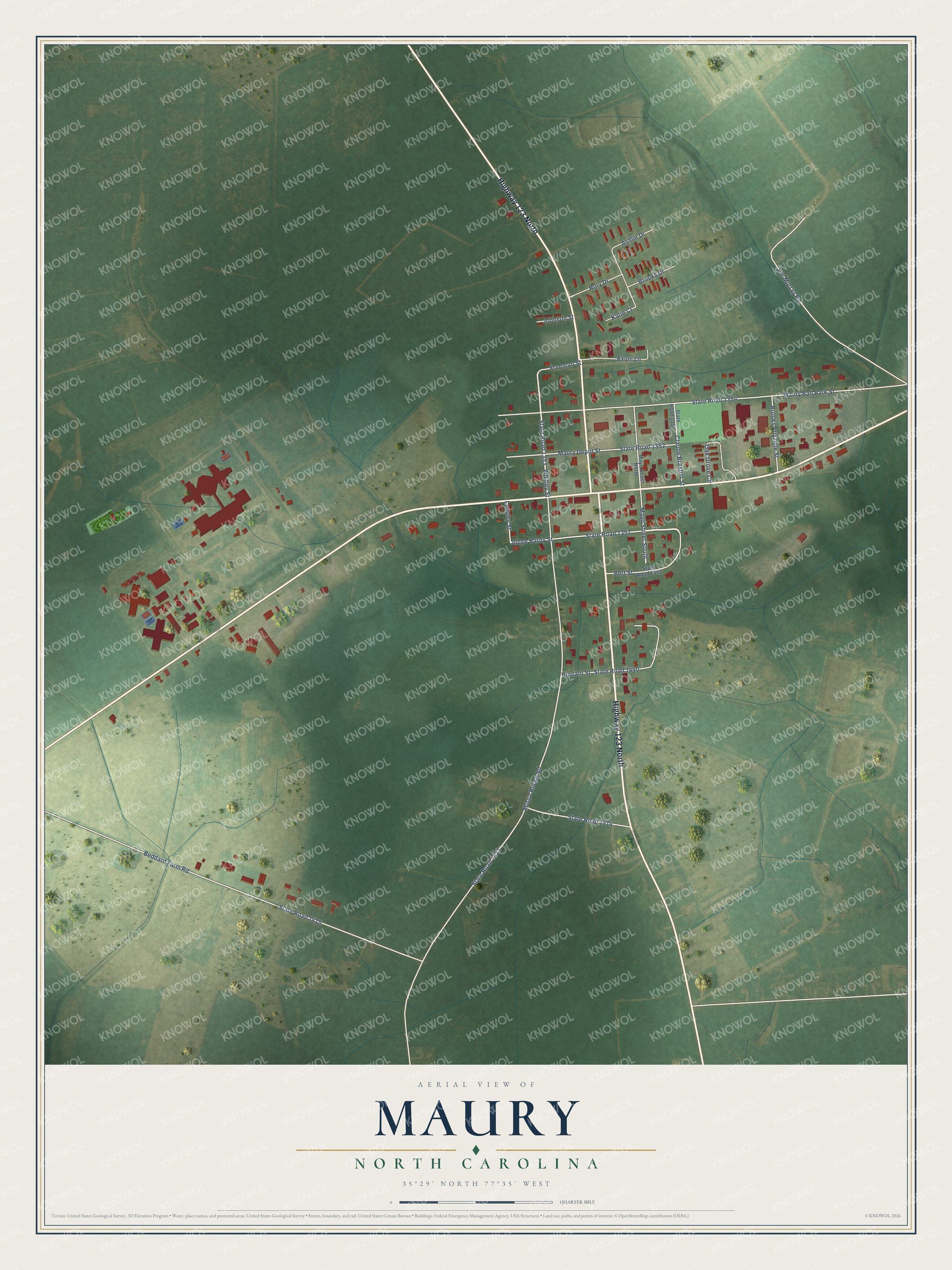 Full map of Maury, North Carolina, with red buildings, printed street names and the land around them