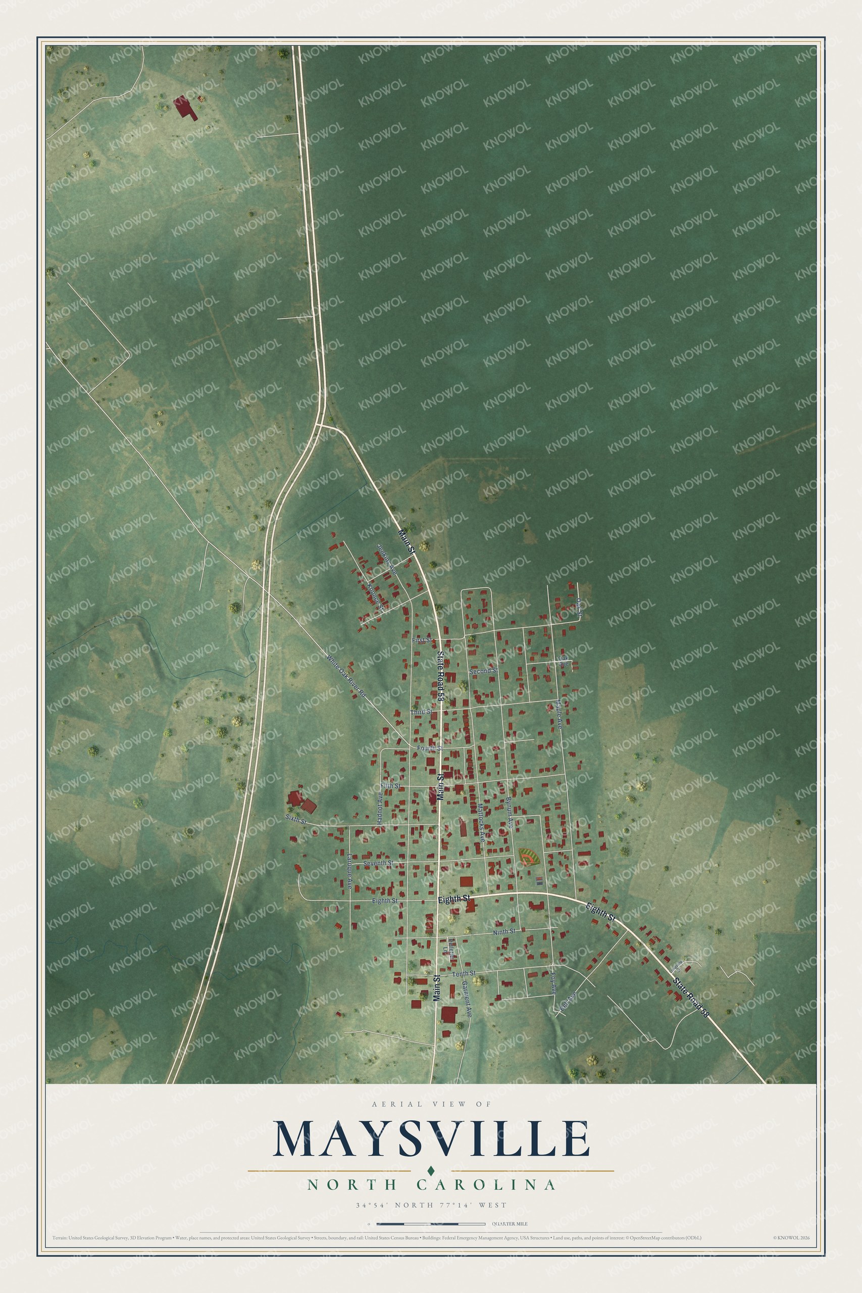 Full map of Maysville, North Carolina, with red buildings, printed street names and the land around them
