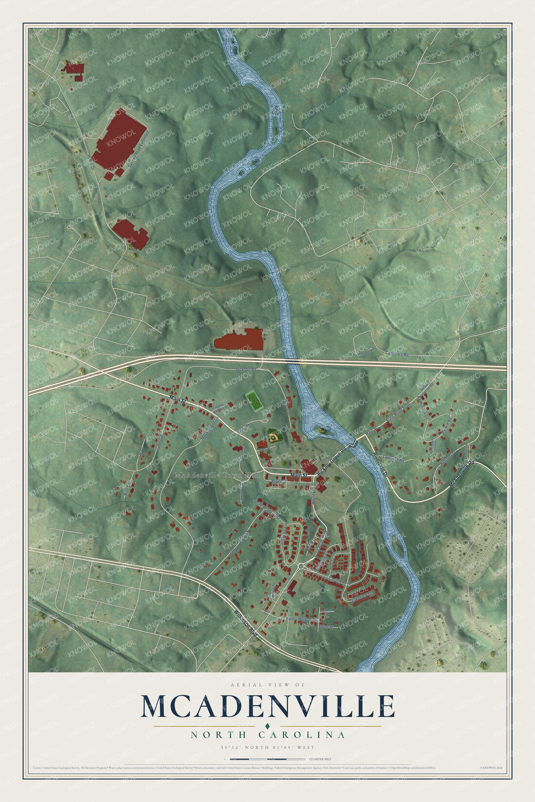 Full map of McAdenville, North Carolina, with red buildings, printed street names and the land around them