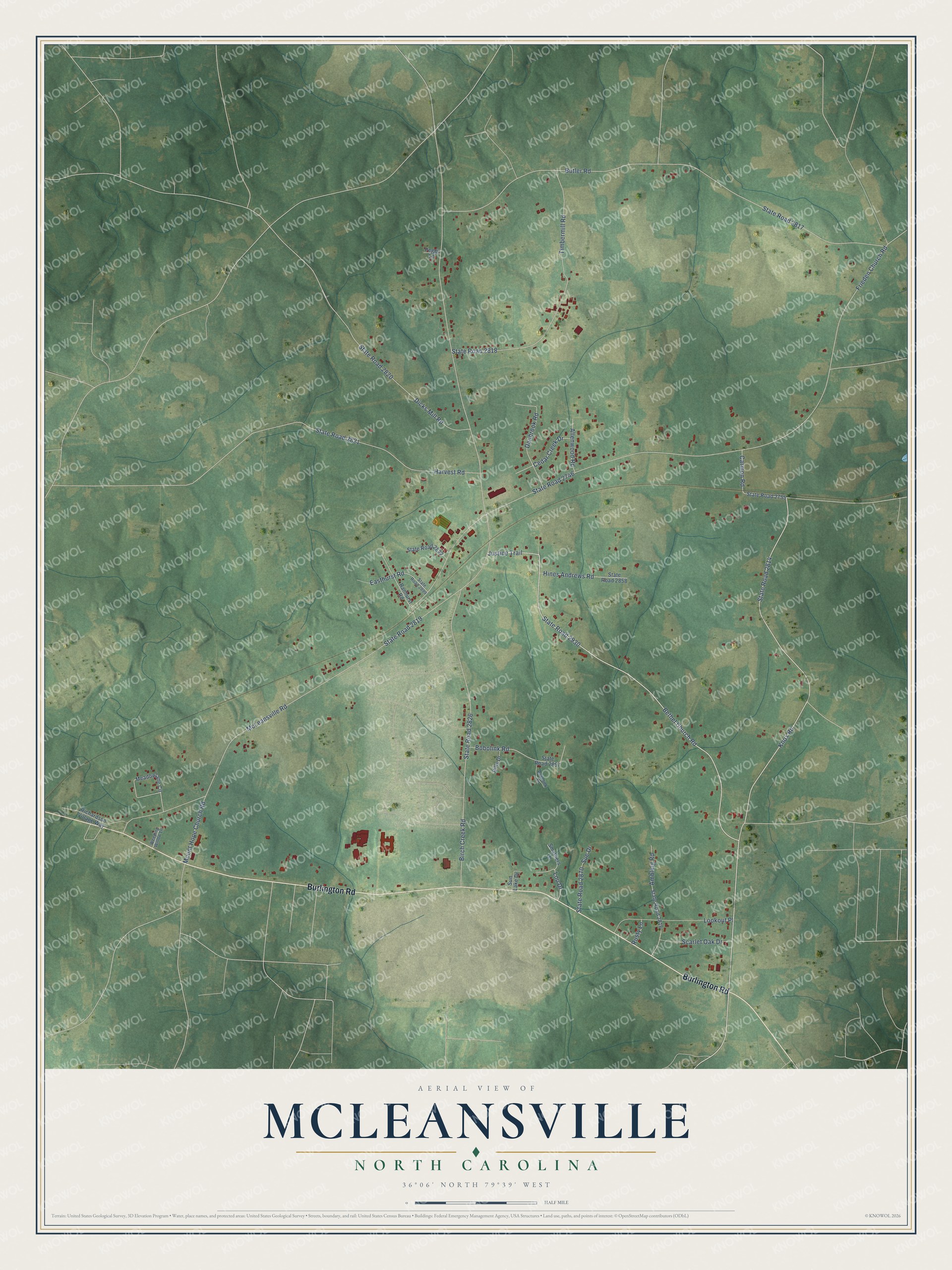 Full map of McLeansville, North Carolina, with red buildings, printed street names and the land around them