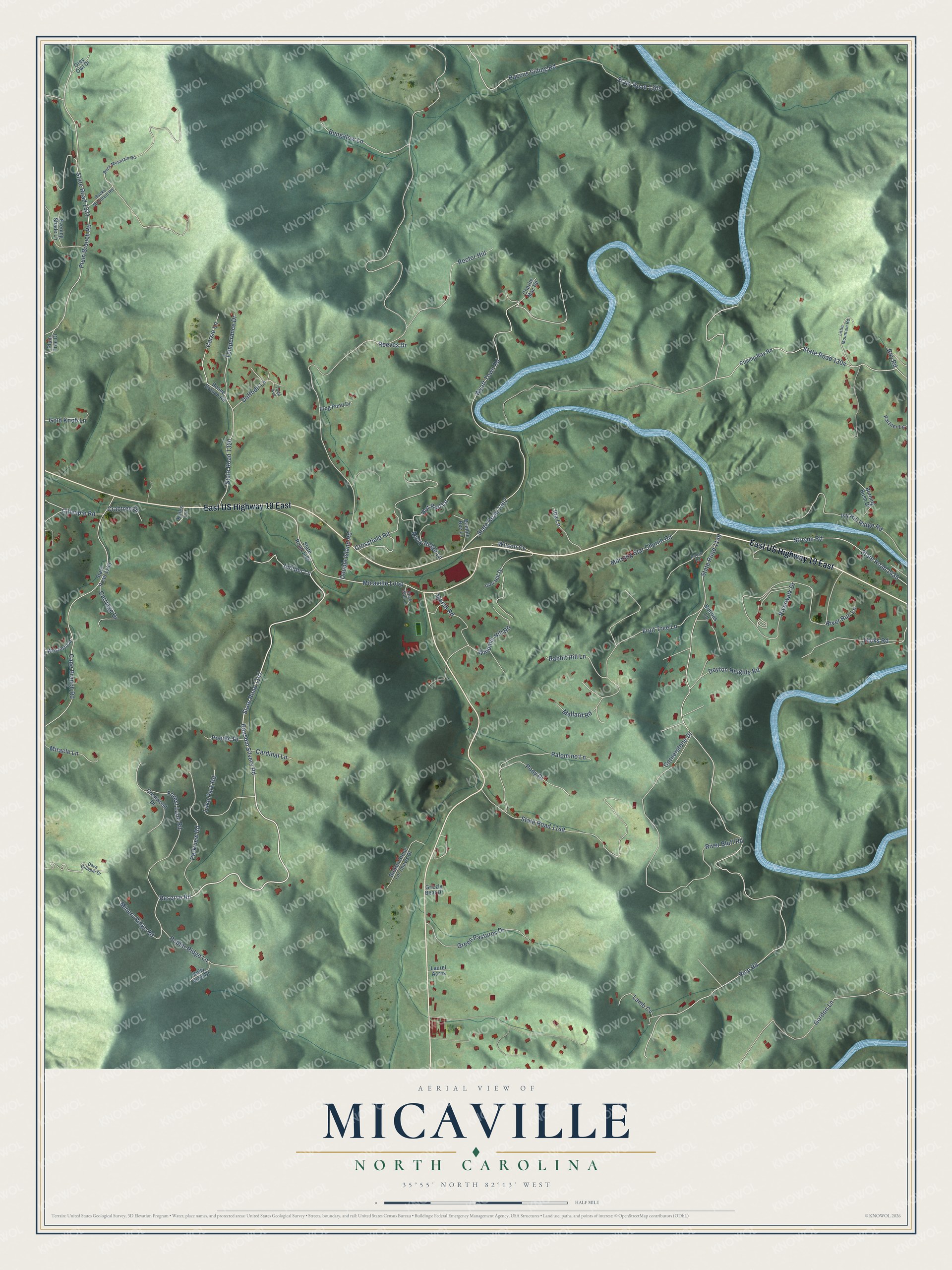 Full map of Micaville, North Carolina, with red buildings, printed street names and the land around them