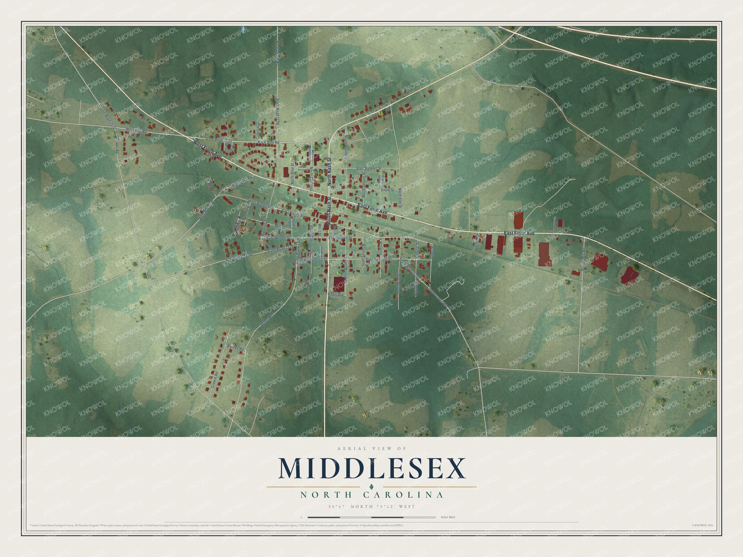 Full map of Middlesex, North Carolina, with red buildings, printed street names and the land around them