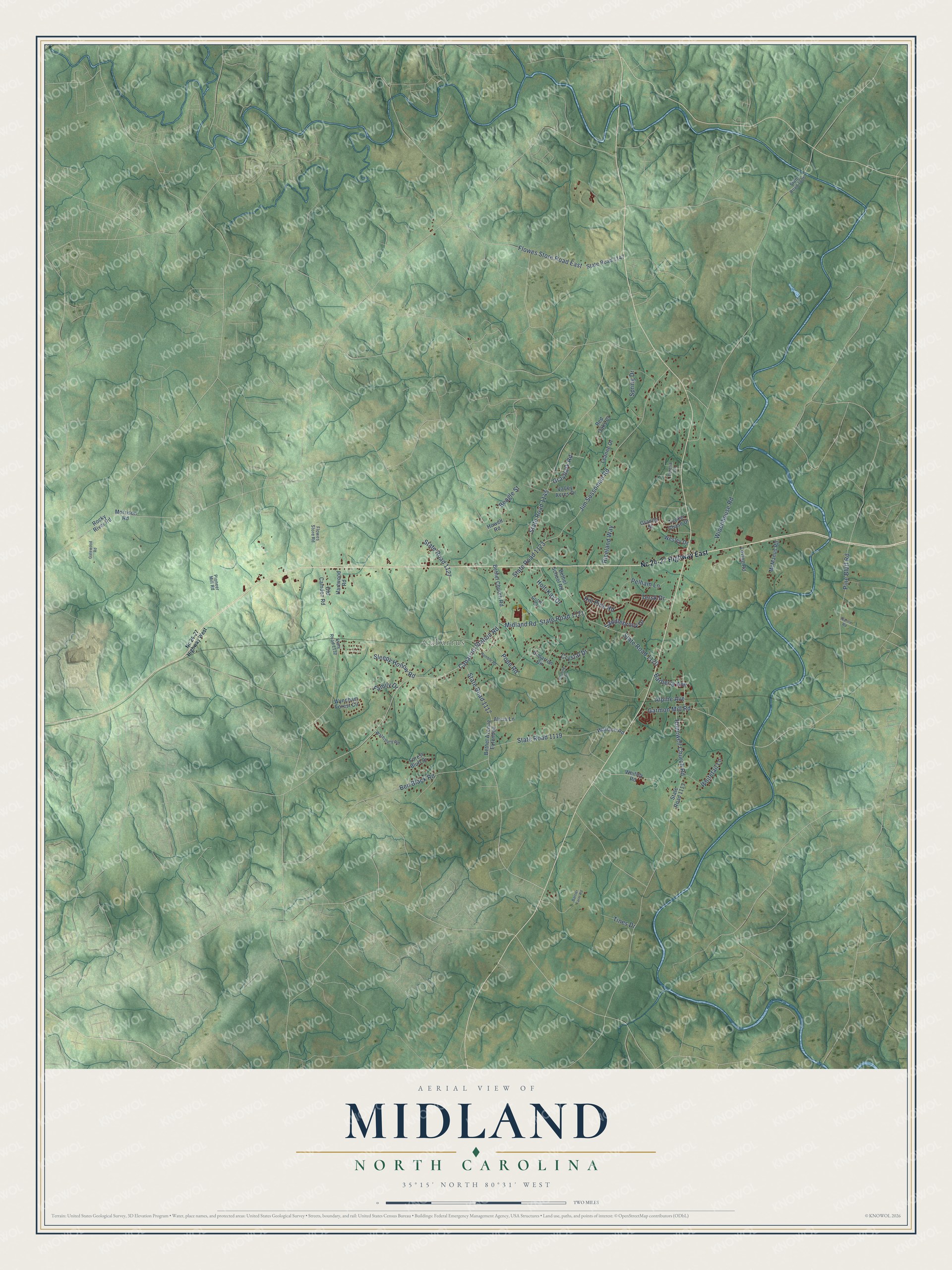 Full map of Midland, North Carolina, with red buildings, printed street names and the land around them