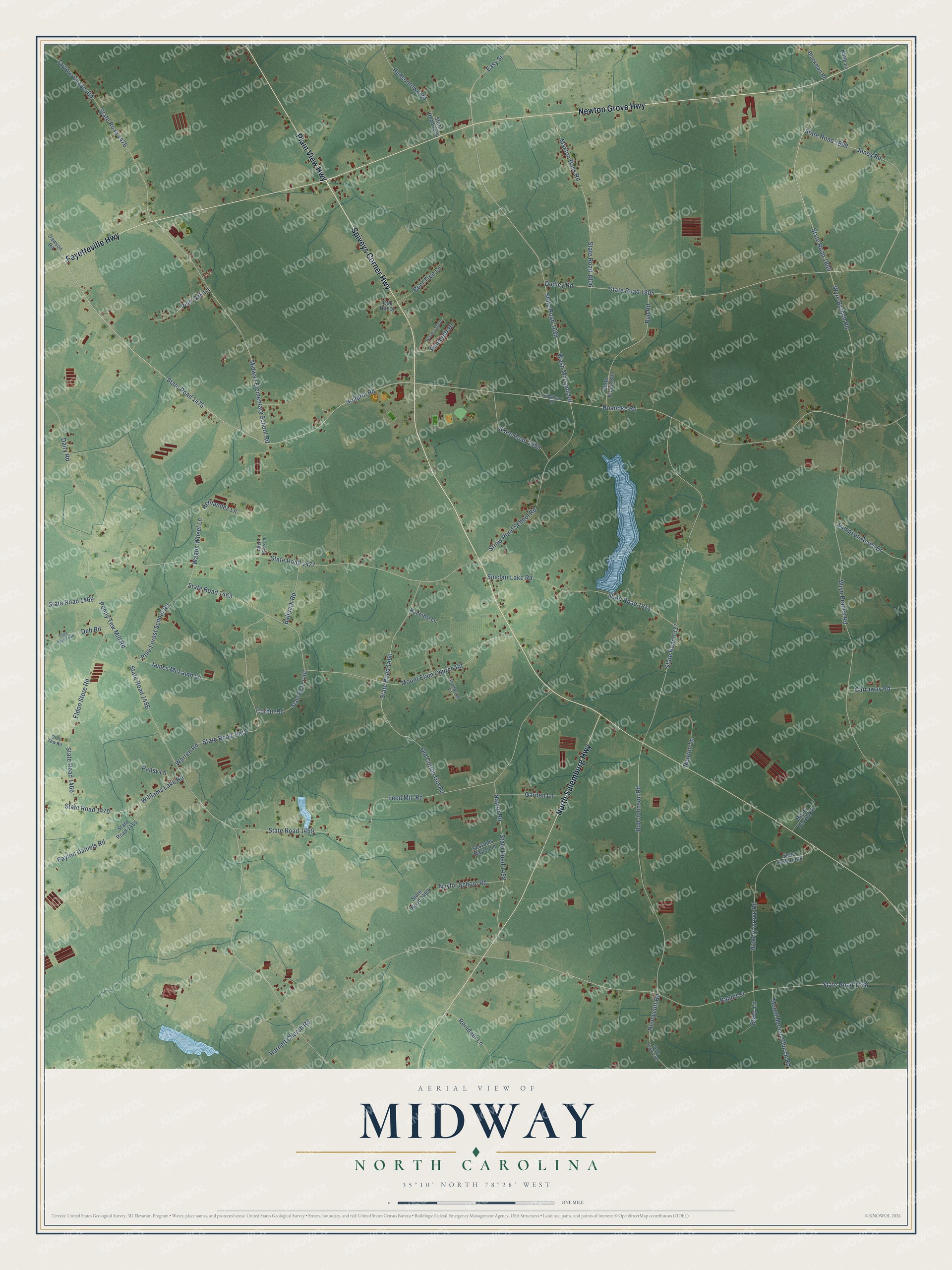 Full map of Midway, North Carolina, with red buildings, printed street names and the land around them