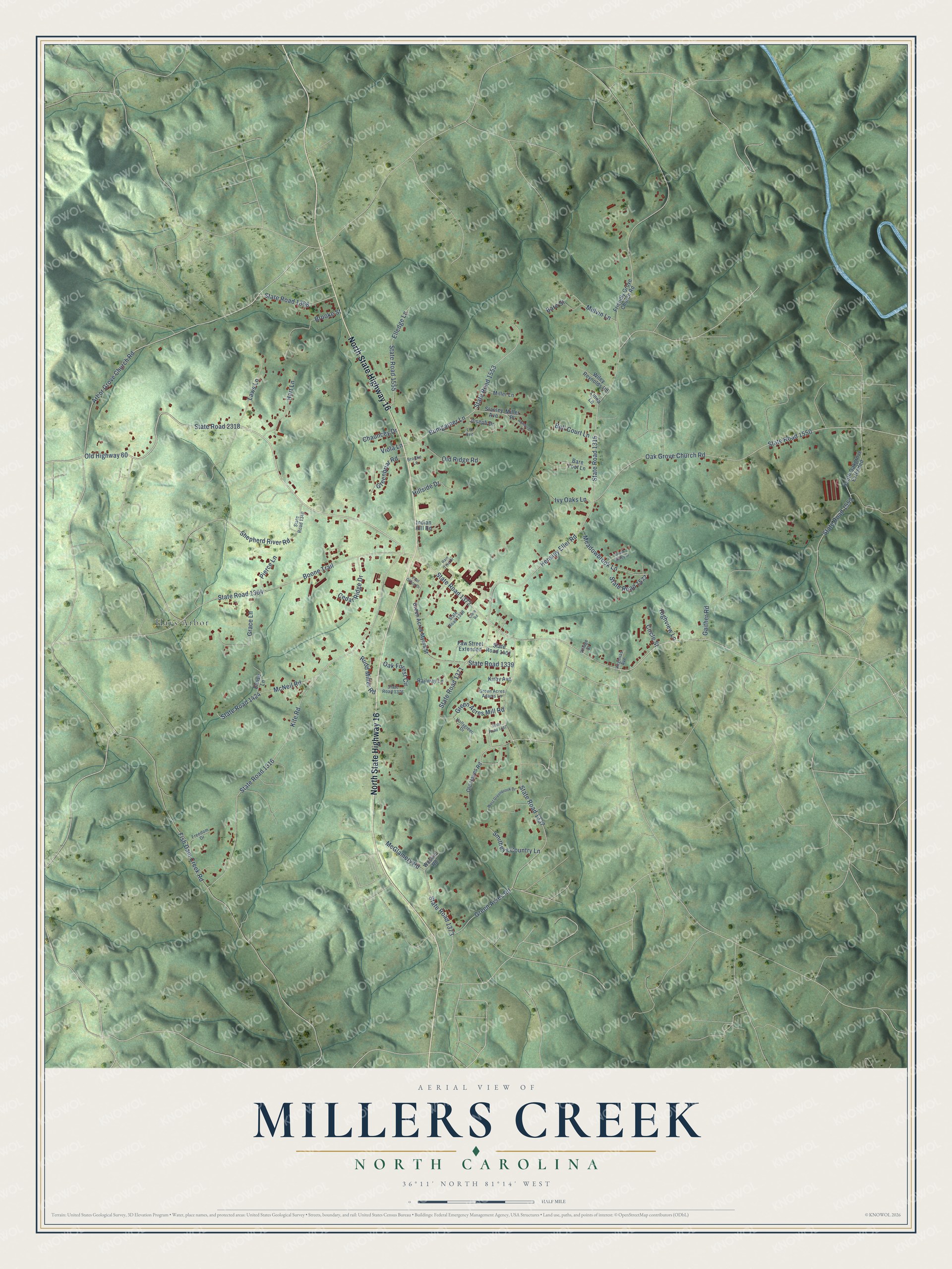 Full map of Millers Creek, North Carolina, with red buildings, printed street names and the land around them
