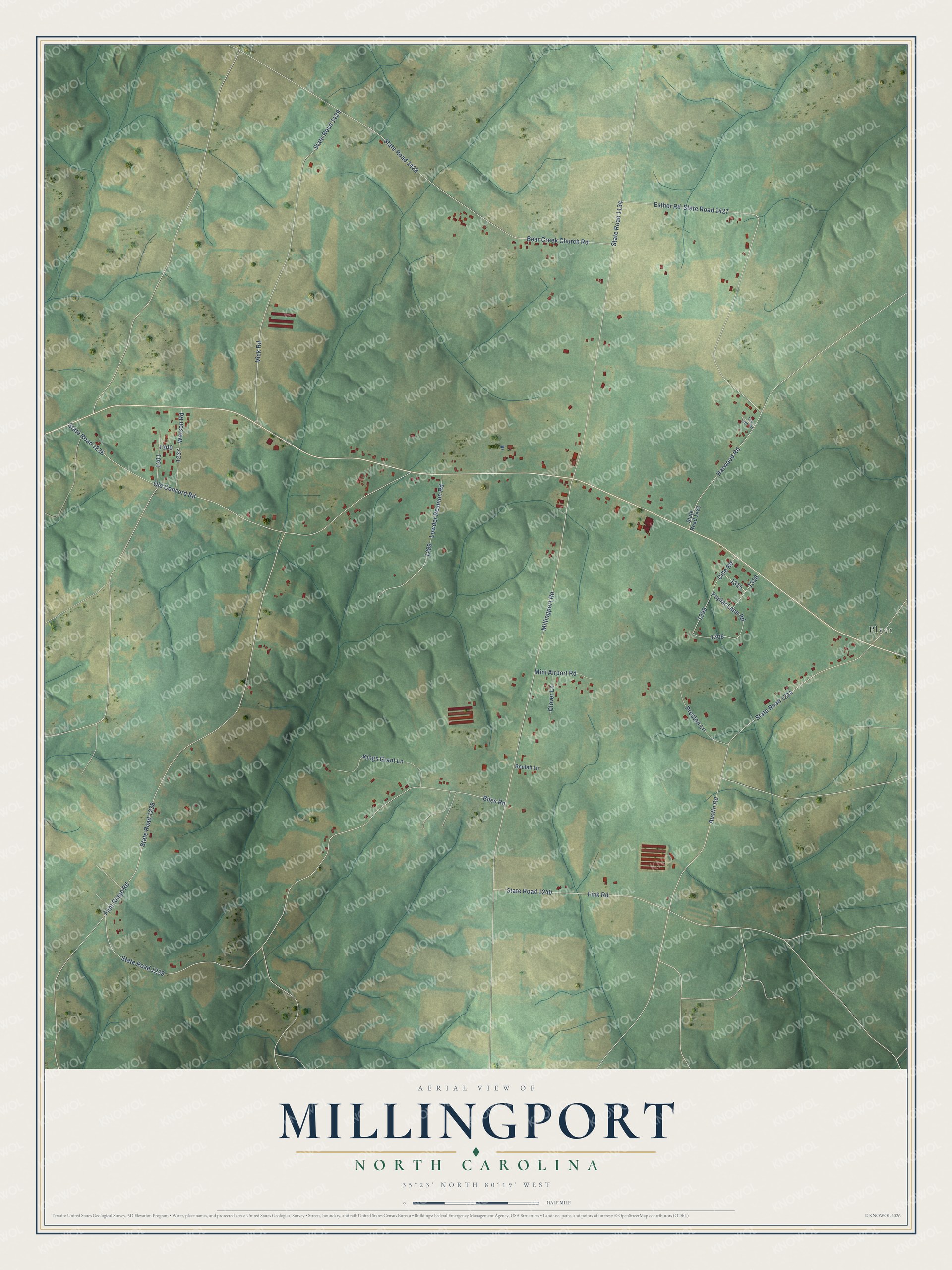 Full map of Millingport, North Carolina, with red buildings, printed street names and the land around them