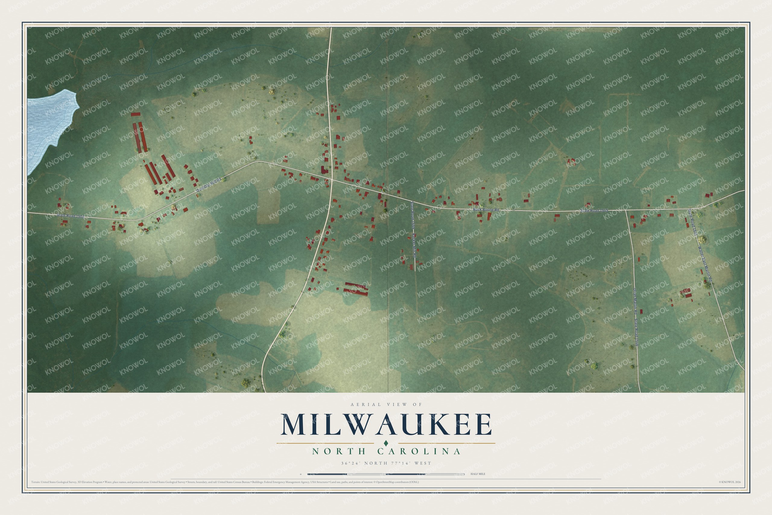 Full map of Milwaukee, North Carolina, with red buildings, printed street names and the land around them