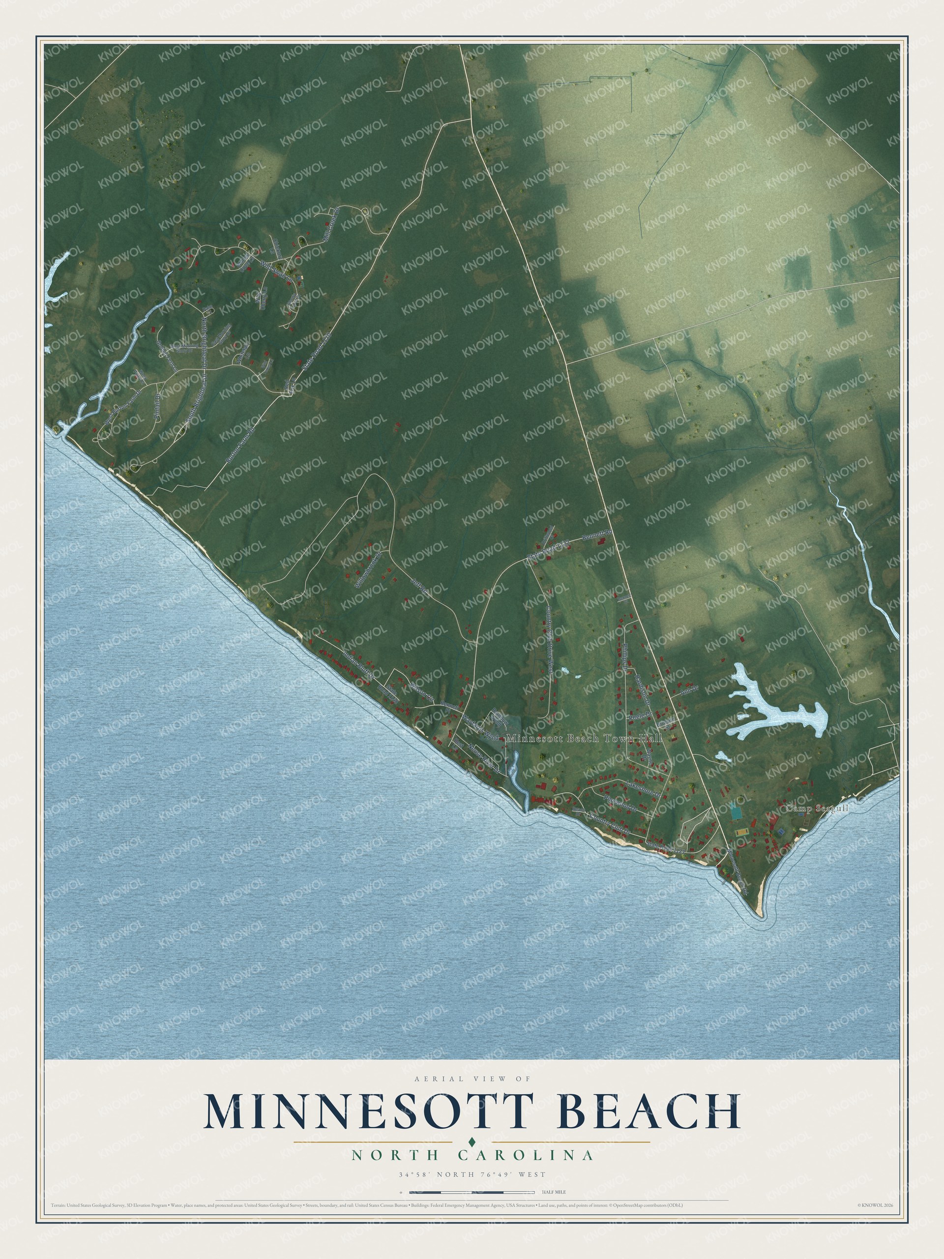 Full map of Minnesott Beach, North Carolina, with red buildings, printed street names and the land around them