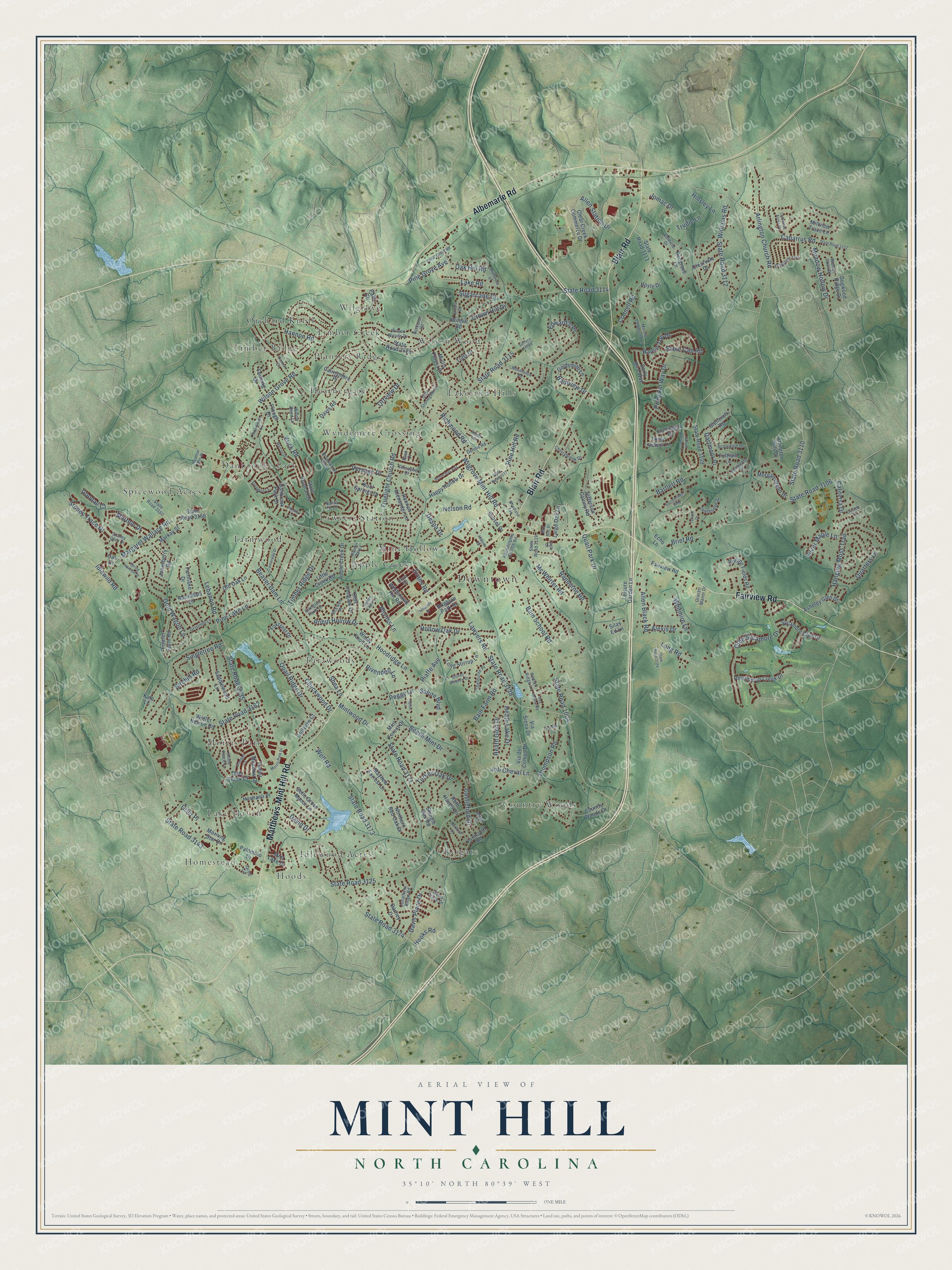 Full map of Mint Hill, North Carolina, with red buildings, printed street names and the land around them