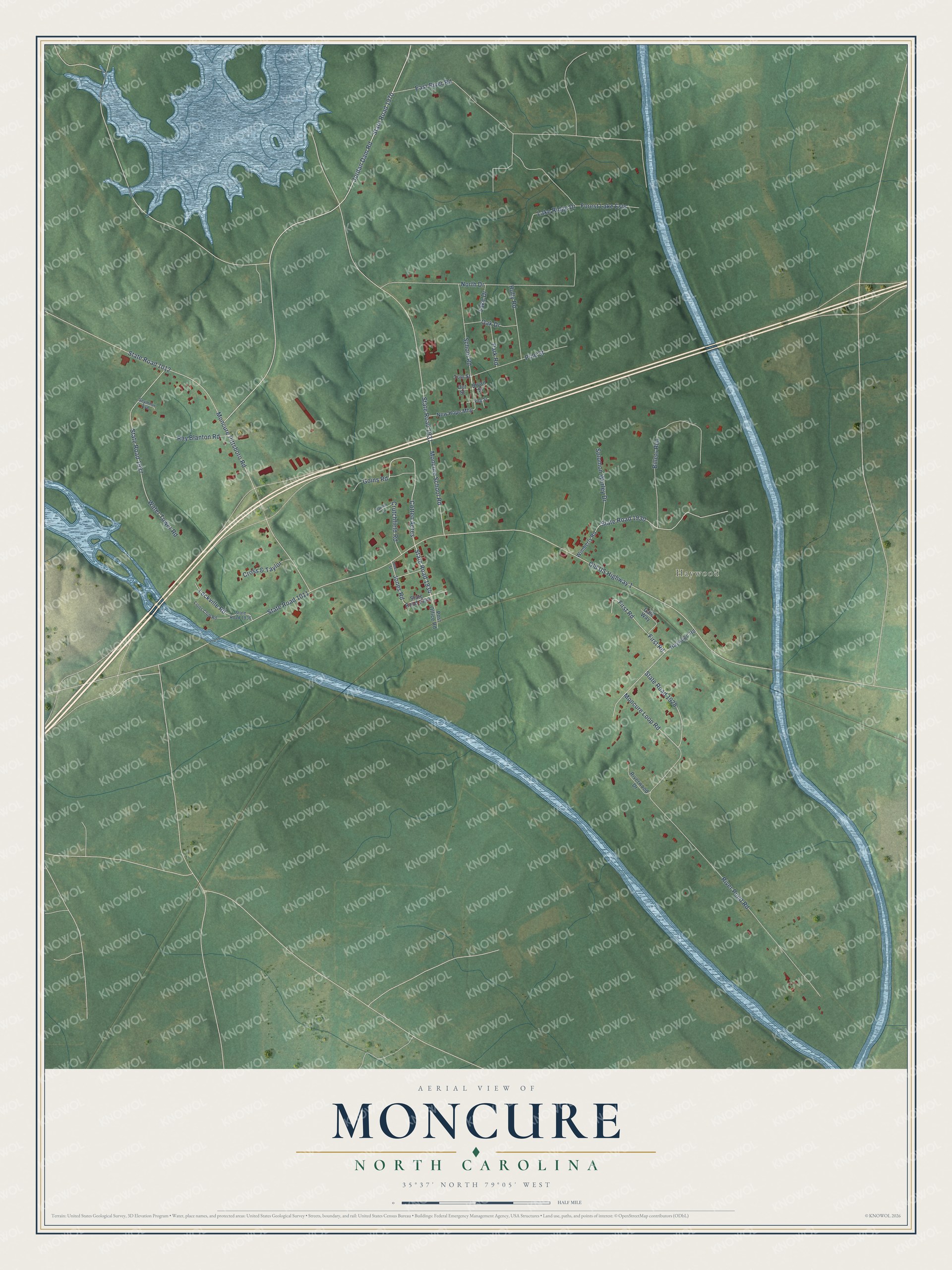 Full map of Moncure, North Carolina, with red buildings, printed street names and the land around them
