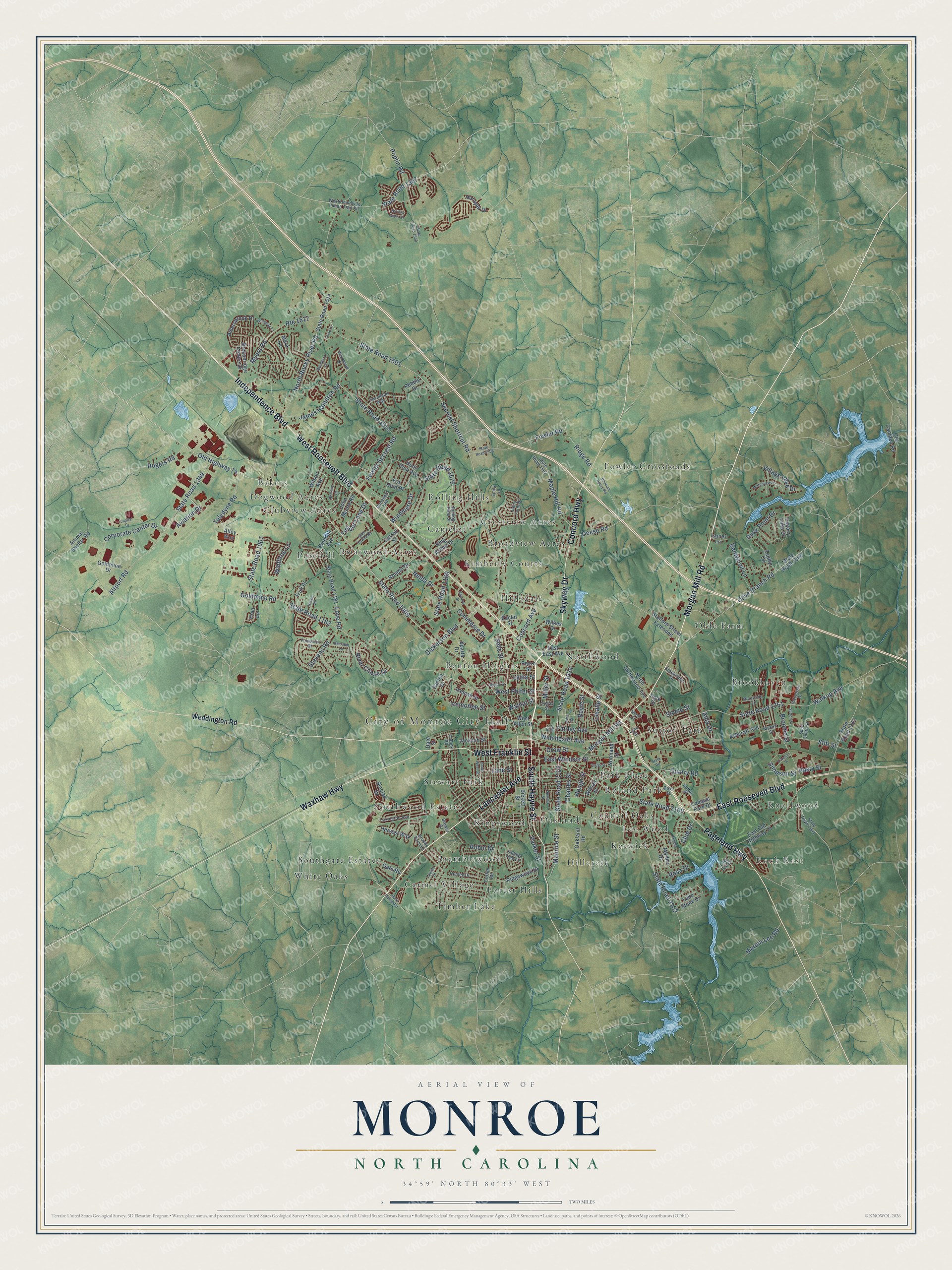 Watermarked full-map preview of Monroe, North Carolina