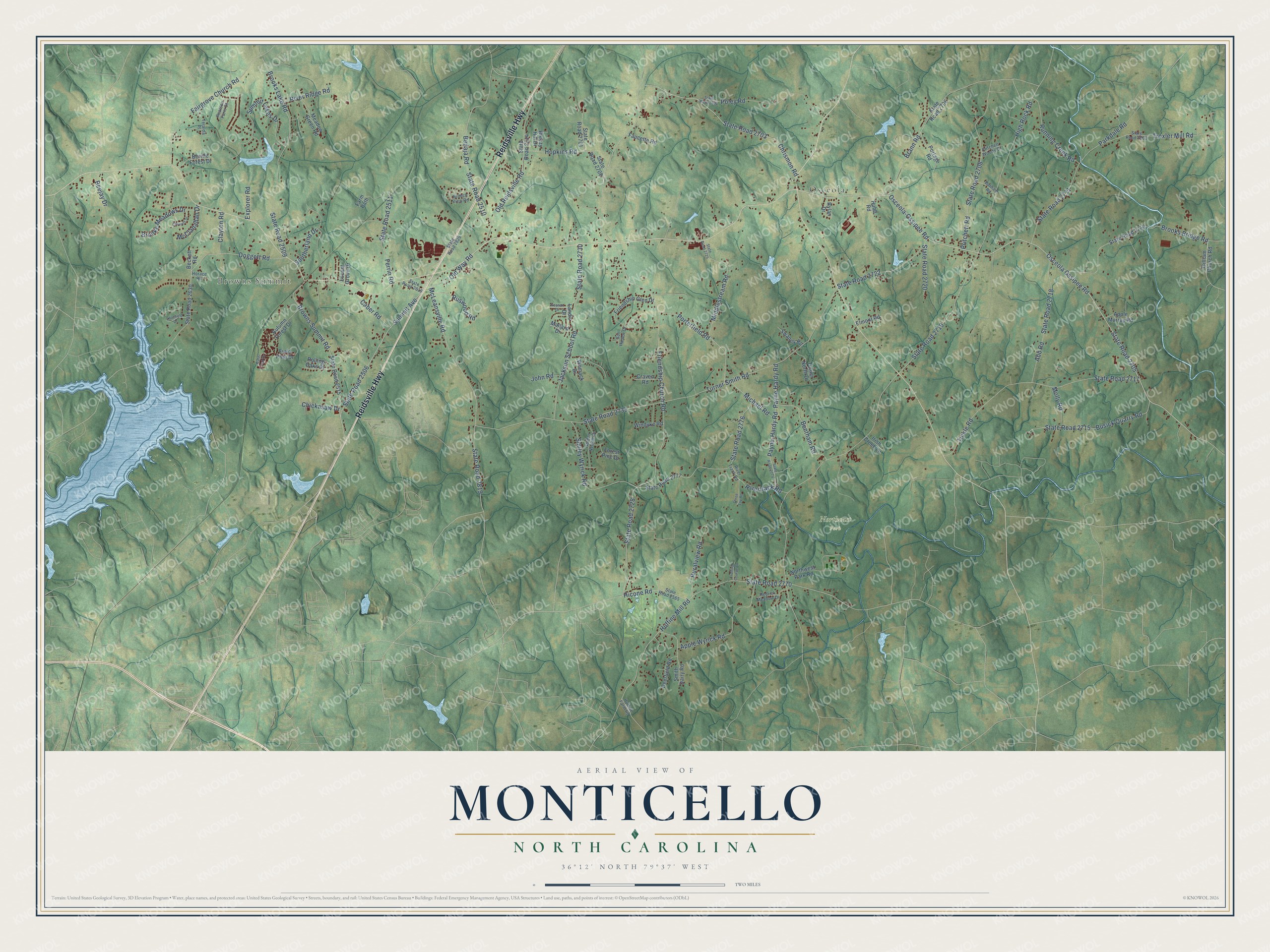 Full map of Monticello, North Carolina, with red buildings, printed street names and the land around them