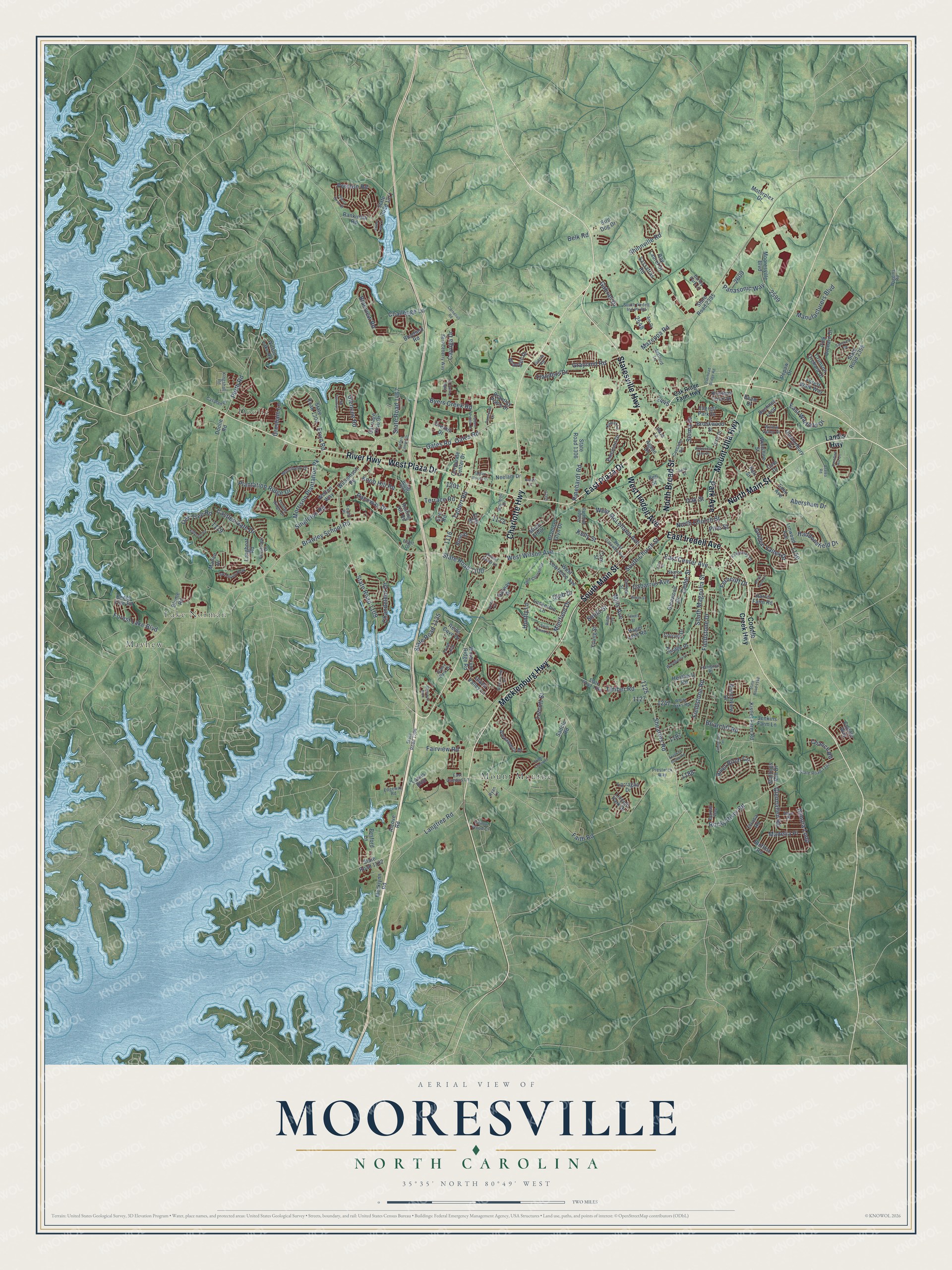 Full map of Mooresville, North Carolina, with red buildings, printed street names and the land around them