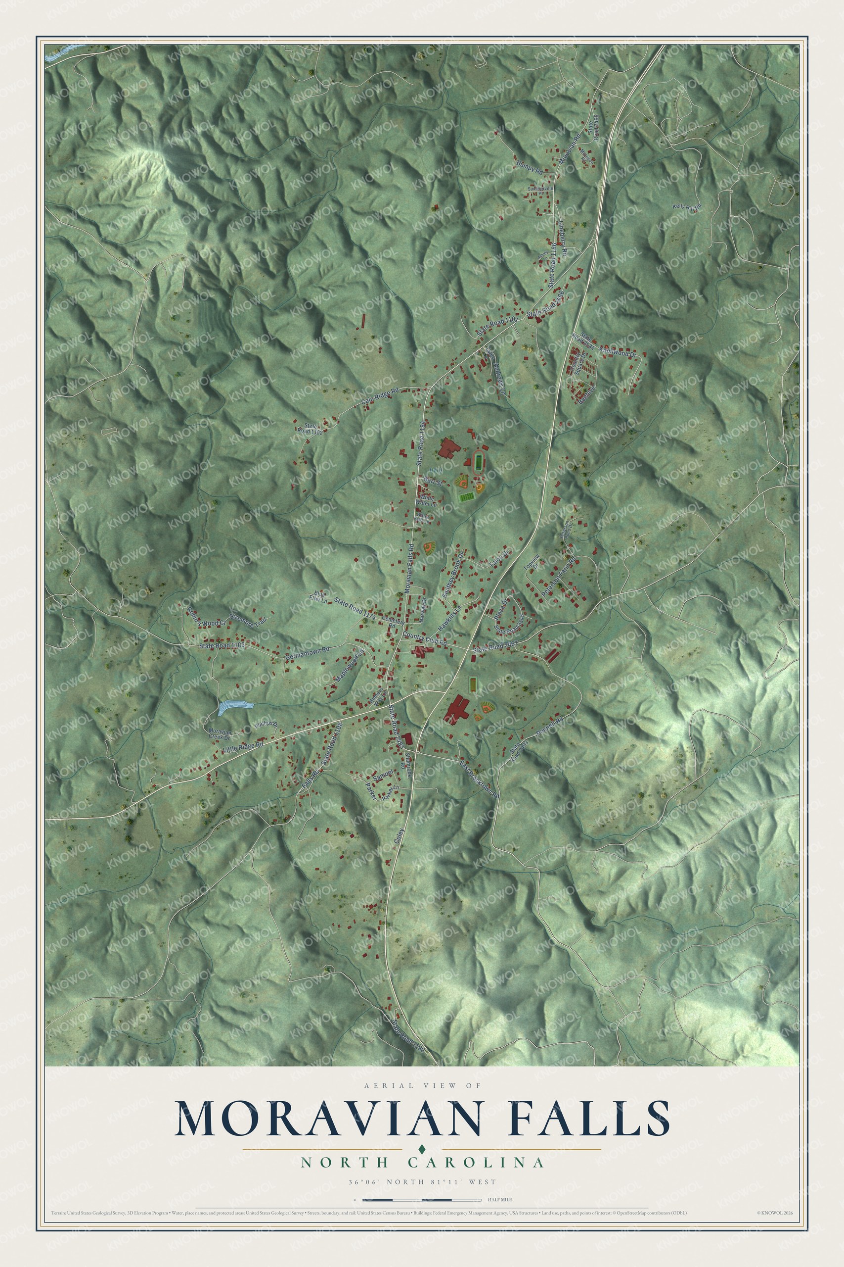 Full map of Moravian Falls, North Carolina, with red buildings, printed street names and the land around them