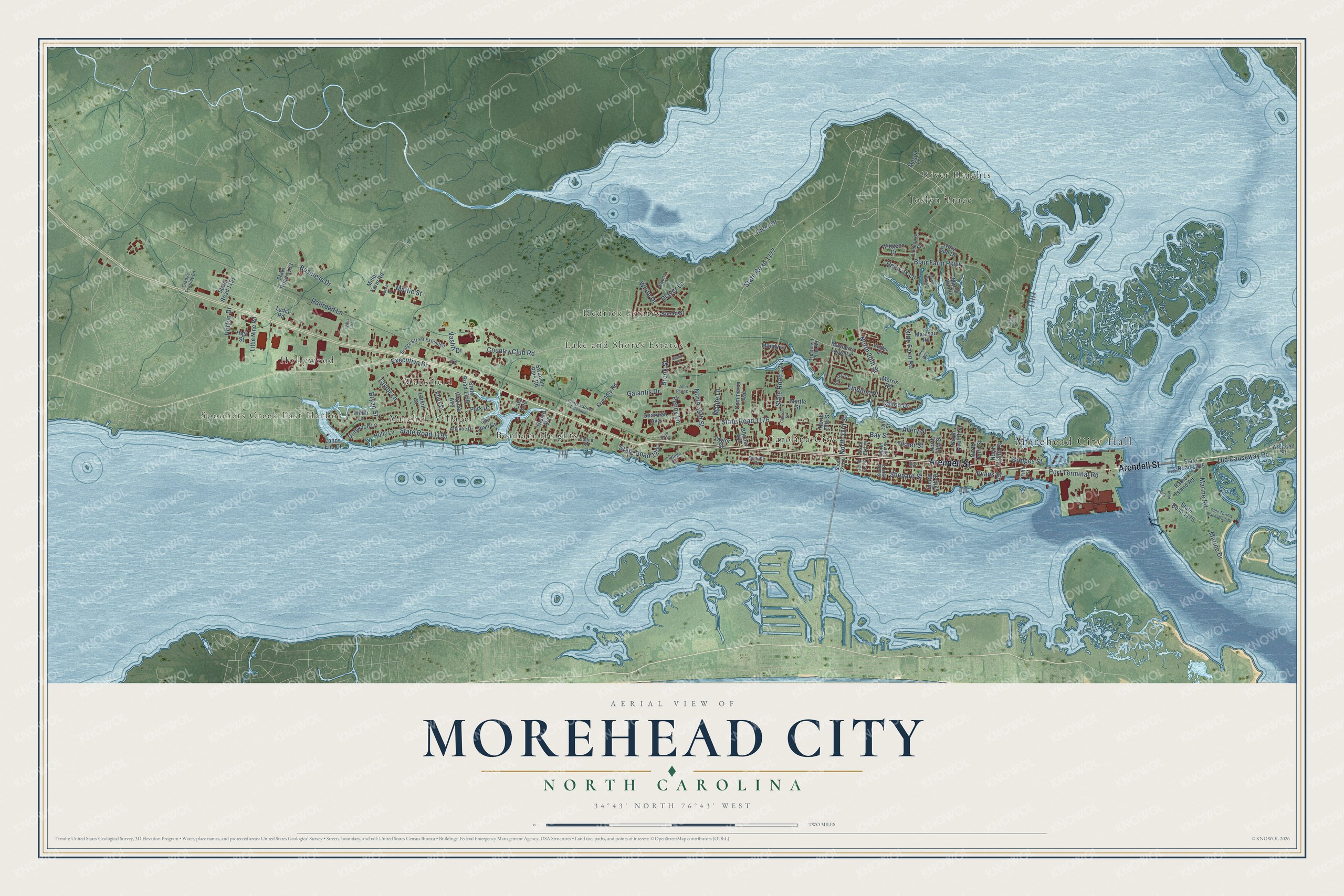 Full map of Morehead City, North Carolina, with red buildings, printed street names and the land around them
