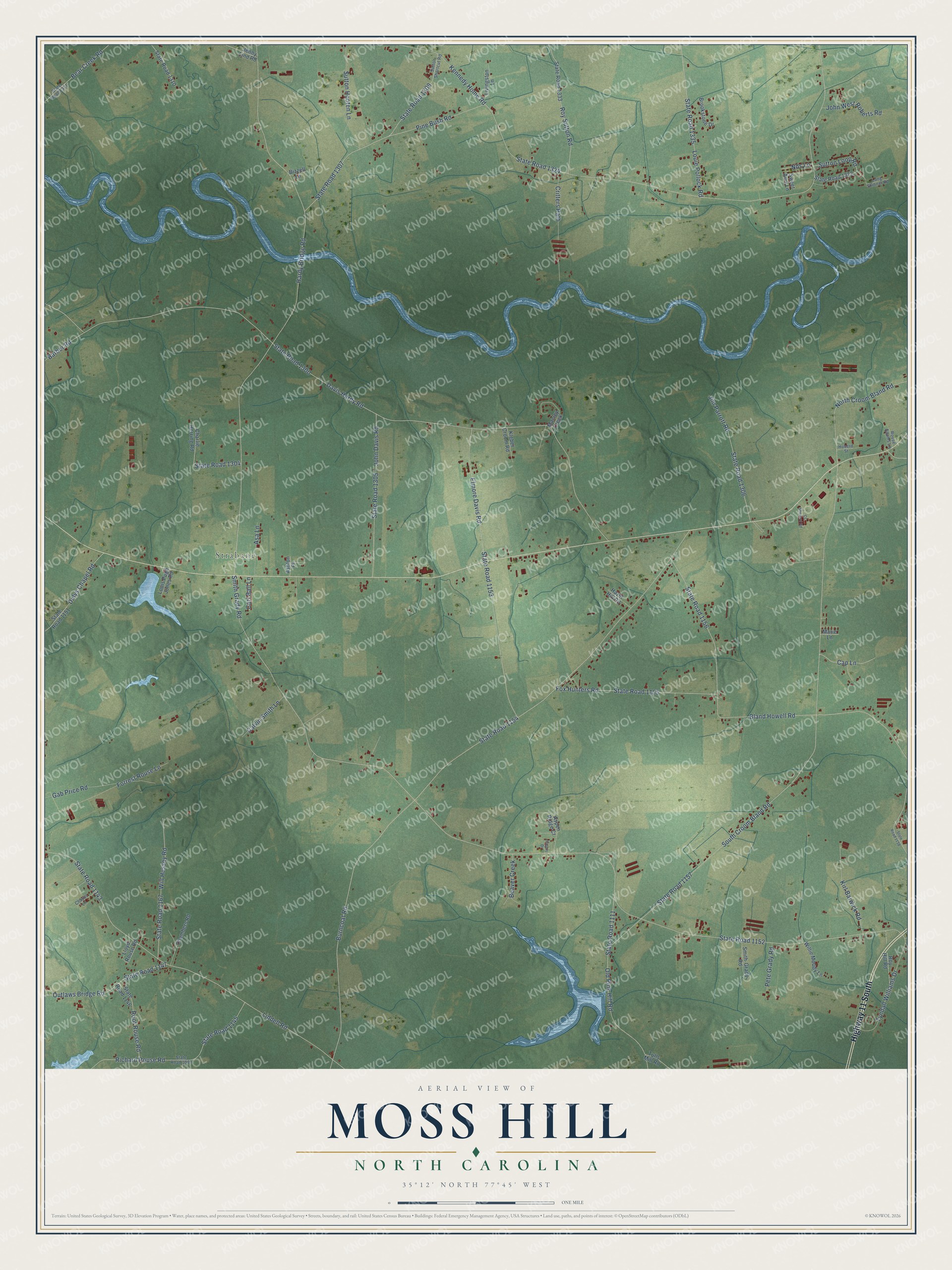 Full map of Moss Hill, North Carolina, with red buildings, printed street names and the land around them