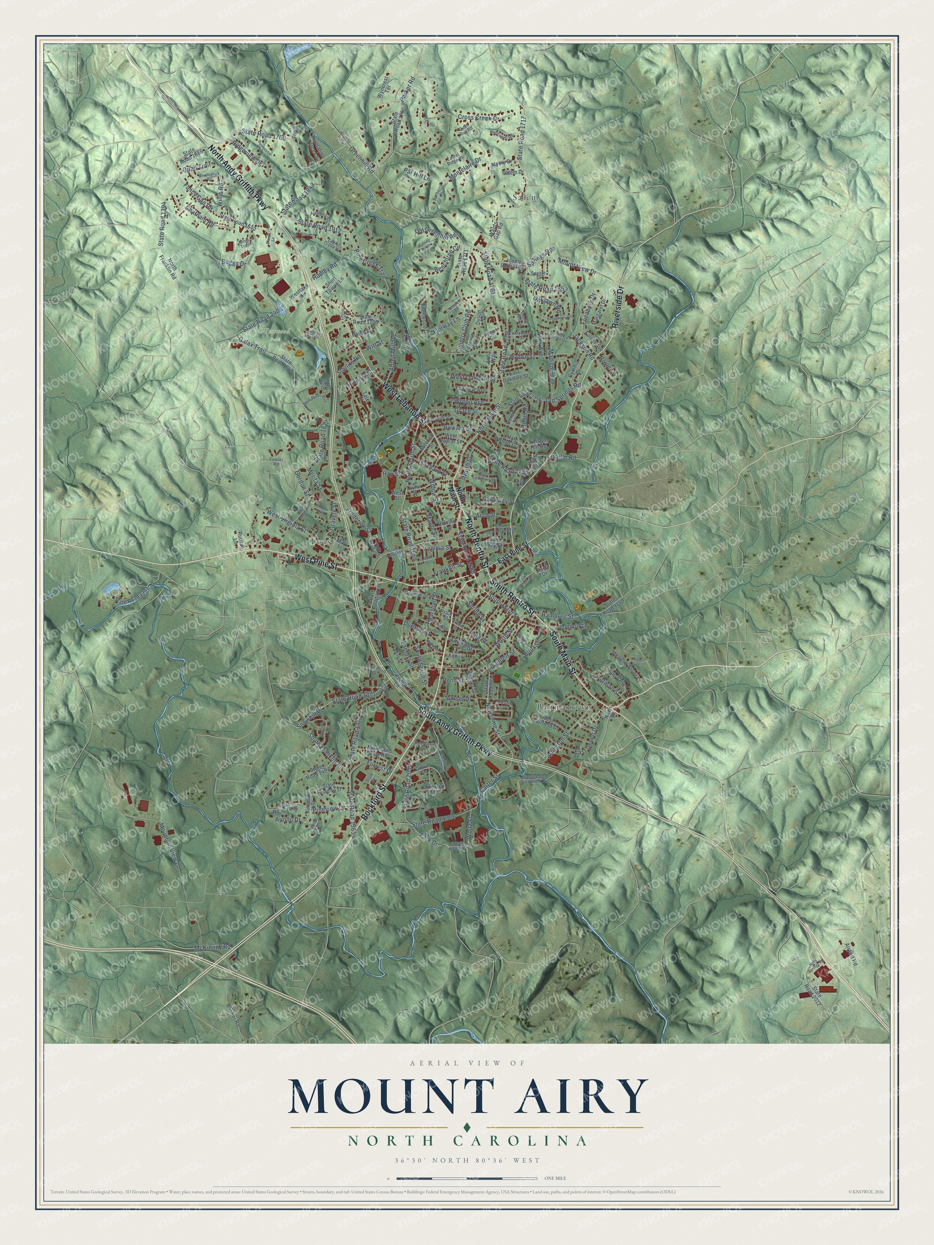 Full map of Mount Airy, North Carolina, with red buildings, printed street names and the land around them