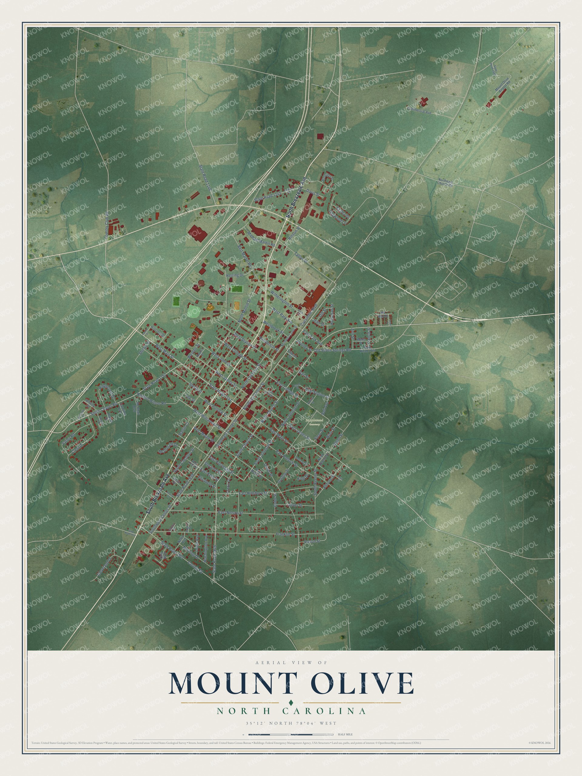 Full map of Mount Olive, North Carolina, with red buildings, printed street names and the land around them