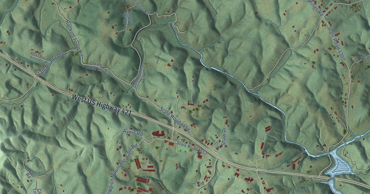 Close-up of streets and buildings in Mount Pleasant, Wilkes County, North Carolina