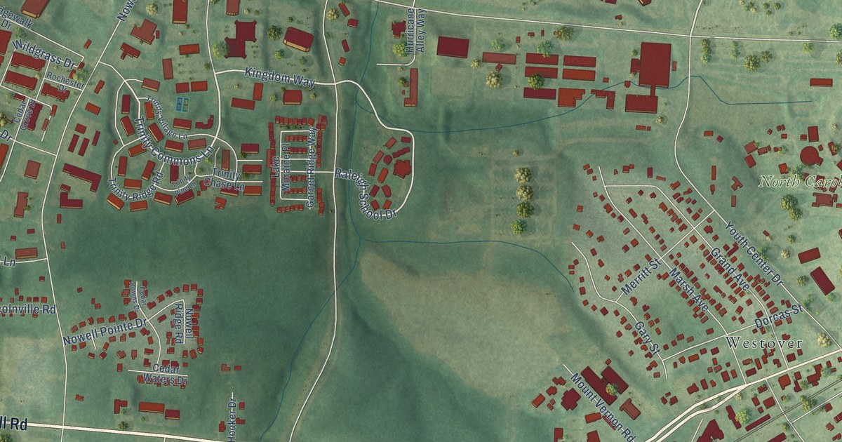 Close-up of streets and buildings in Mount Vernon, North Carolina