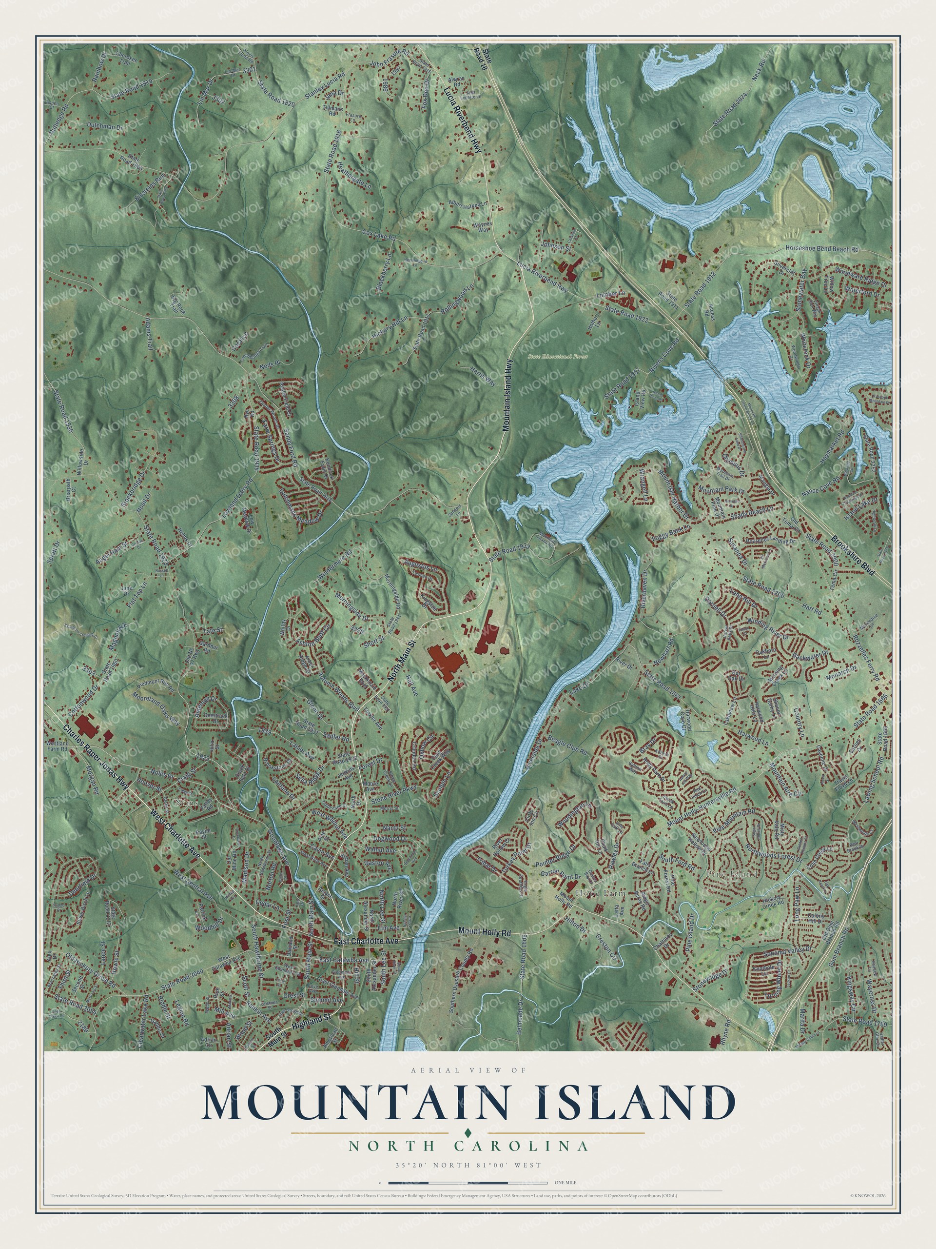 Full map of Mountain Island, North Carolina, with red buildings, printed street names and the land around them