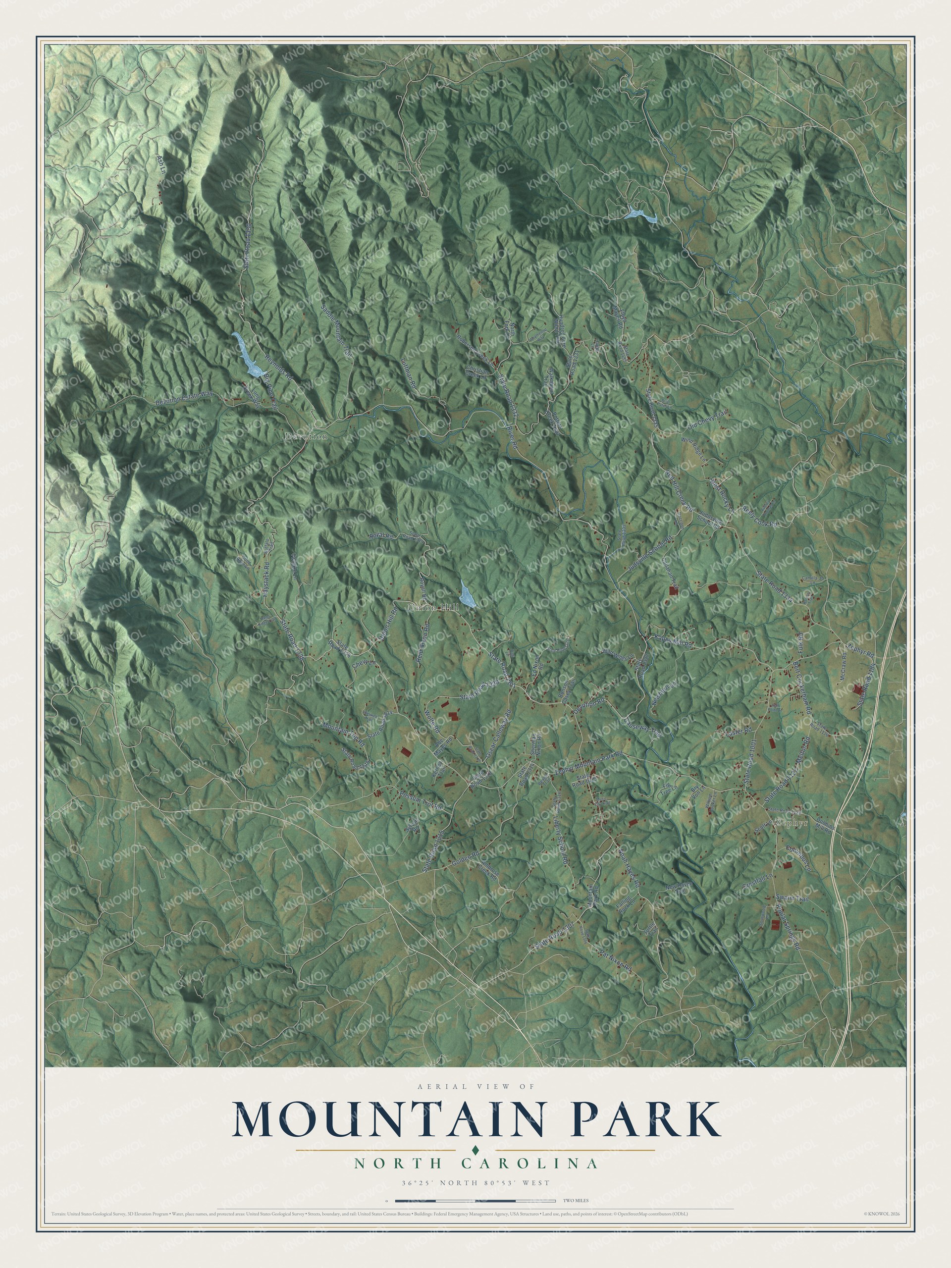 Full map of Mountain Park, North Carolina, with red buildings, printed street names and the land around them