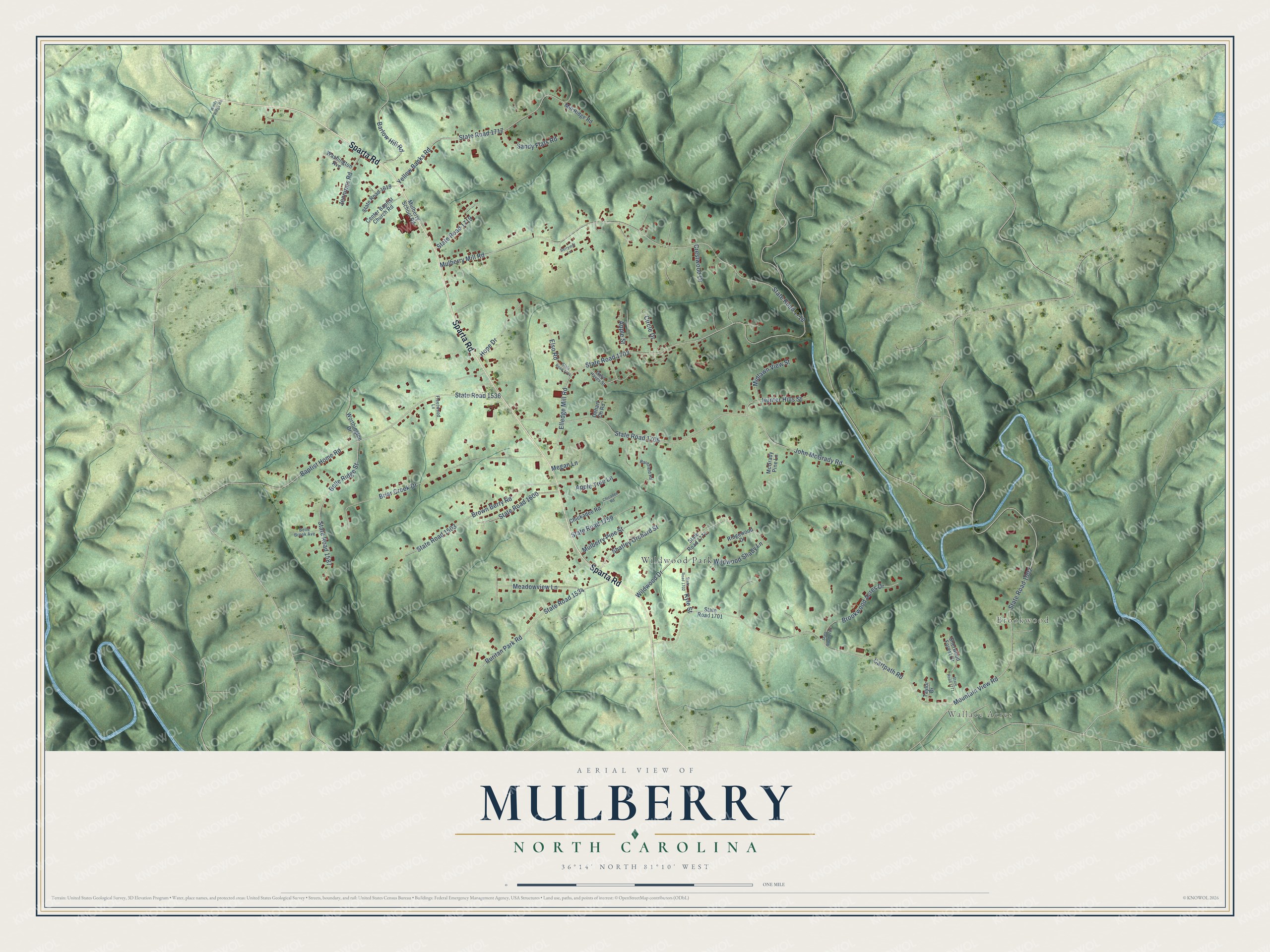 Full map of Mulberry, North Carolina, with red buildings, printed street names and the land around them