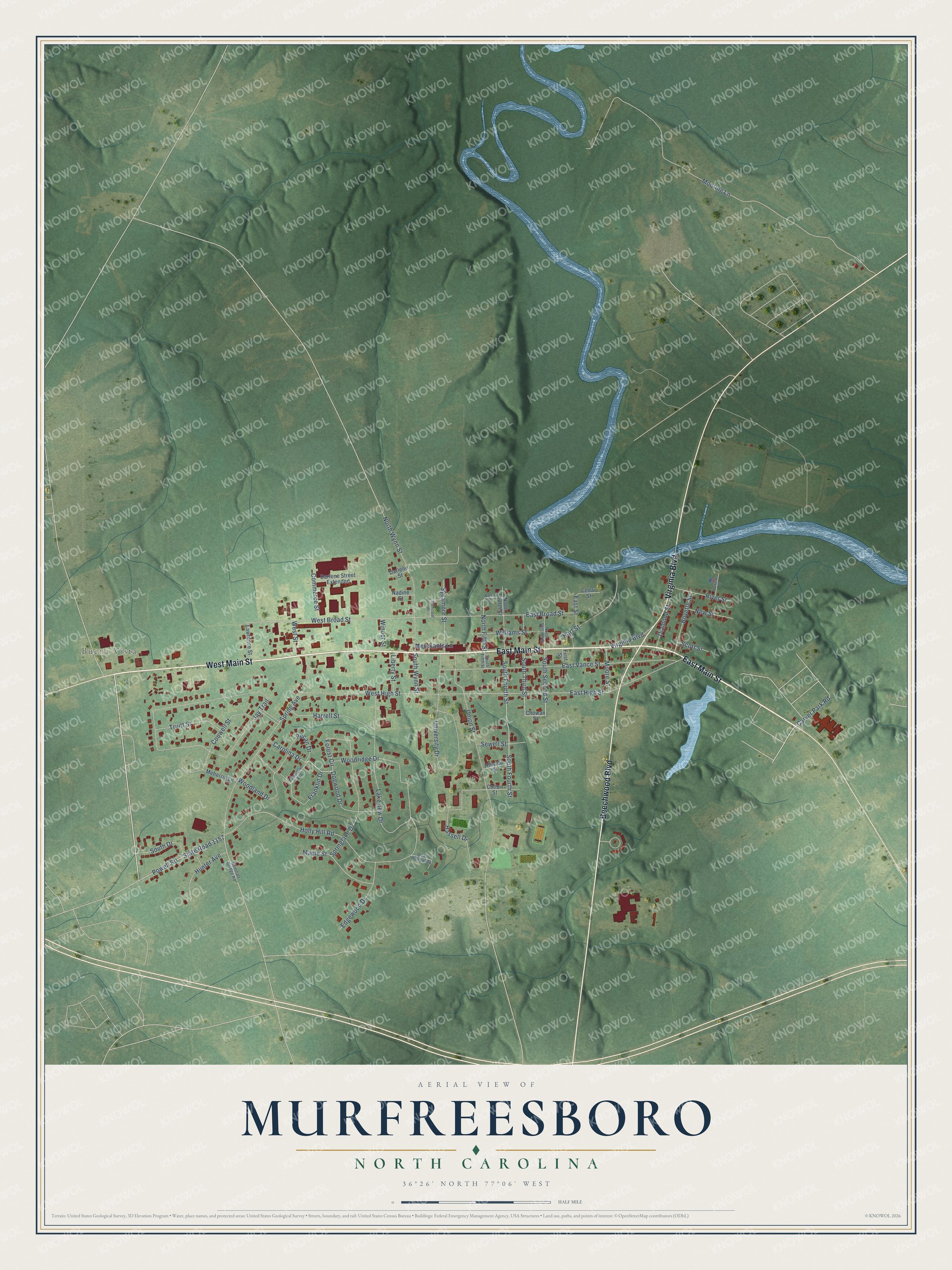 Full map of Murfreesboro, North Carolina, with red buildings, printed street names and the land around them