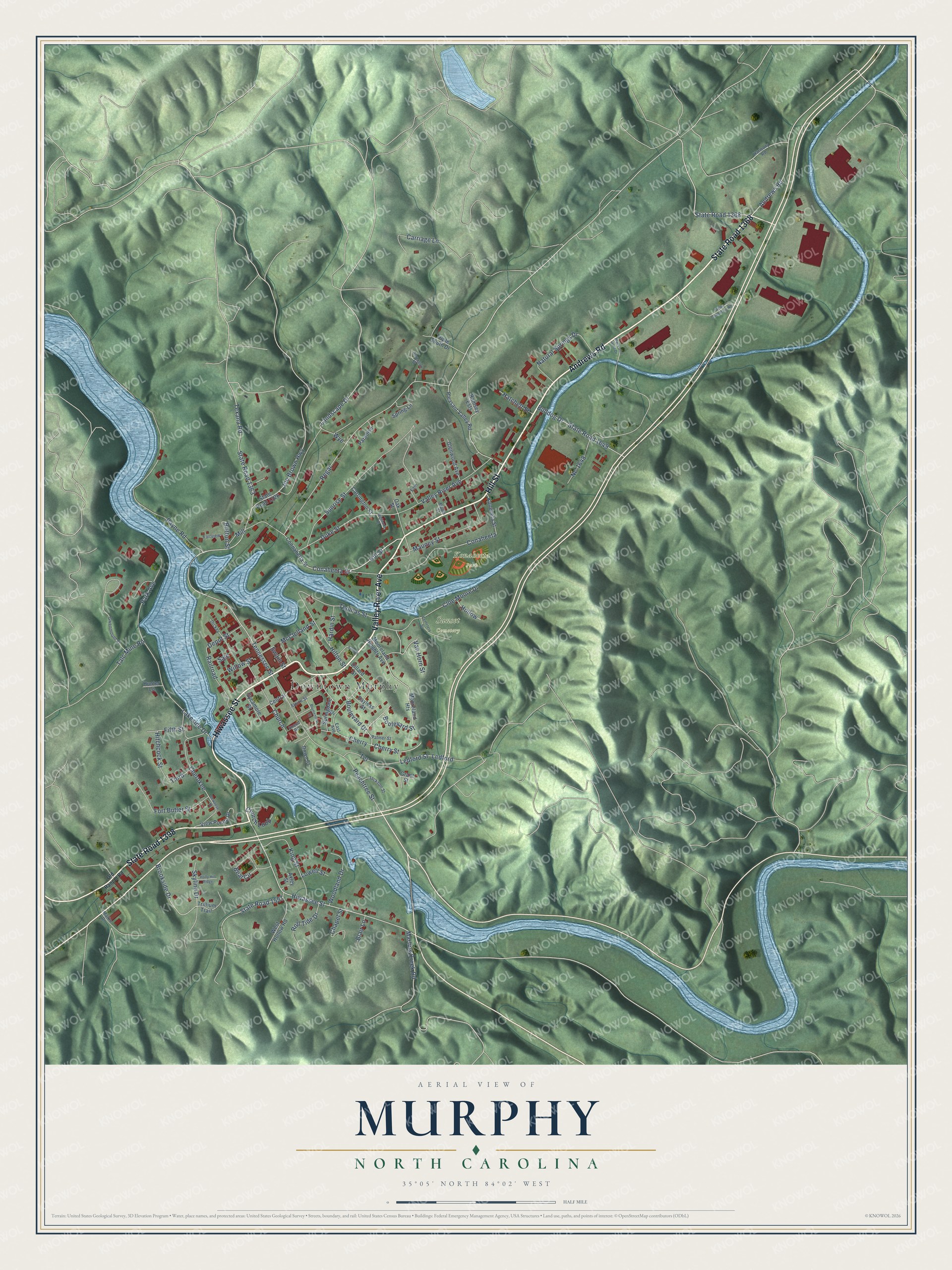 Full map of Murphy, North Carolina, with red buildings, printed street names and the land around them