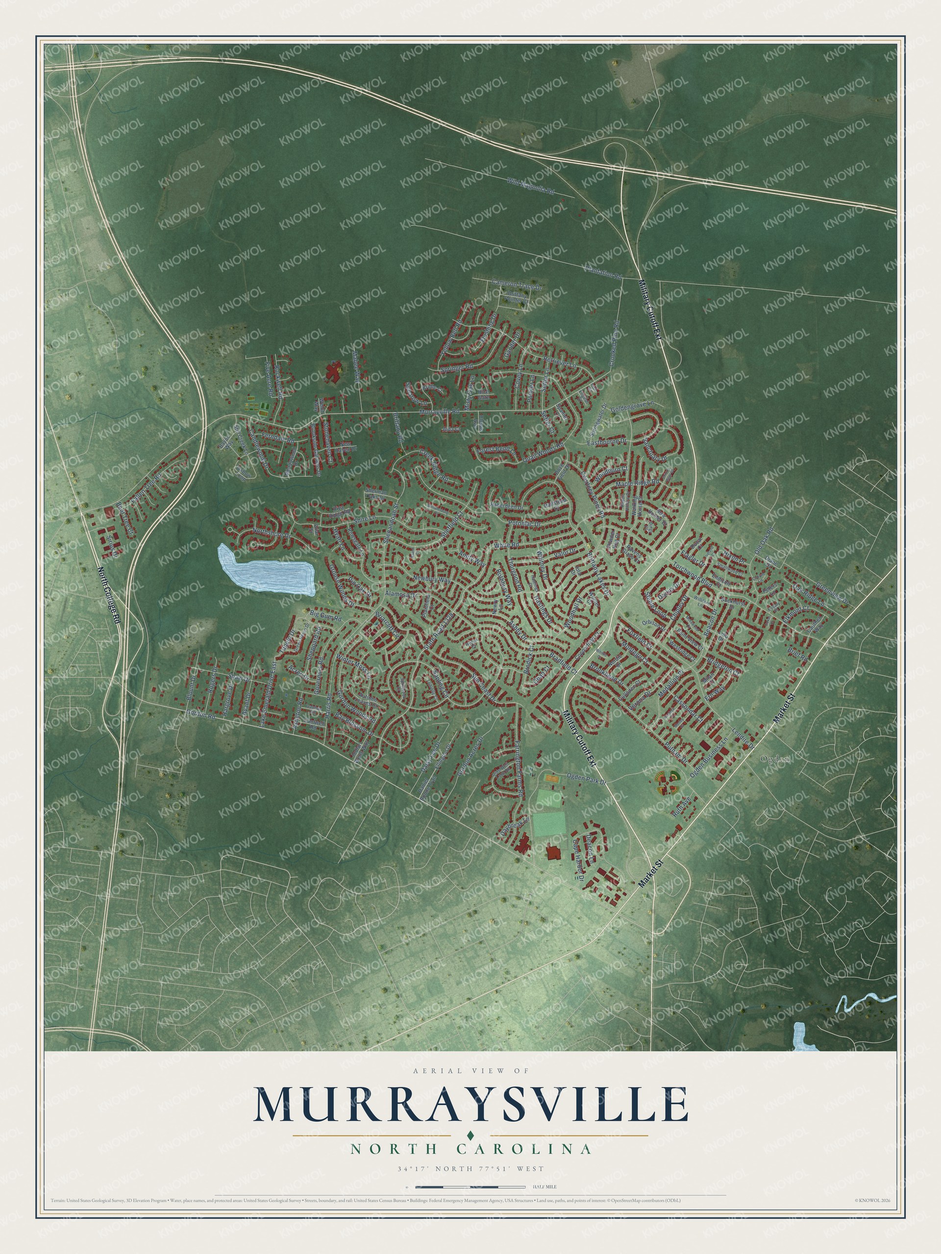 Full map of Murraysville, North Carolina, with red buildings, printed street names and the land around them