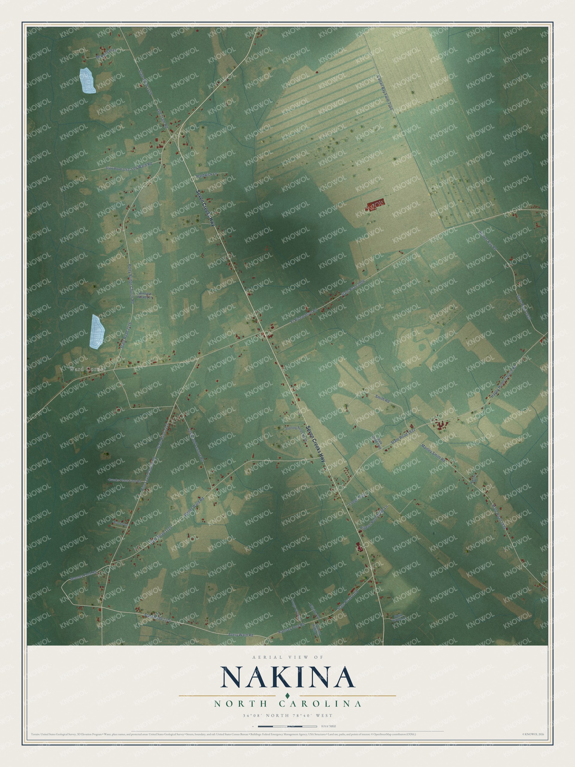 Full map of Nakina, North Carolina, with red buildings, printed street names and the land around them