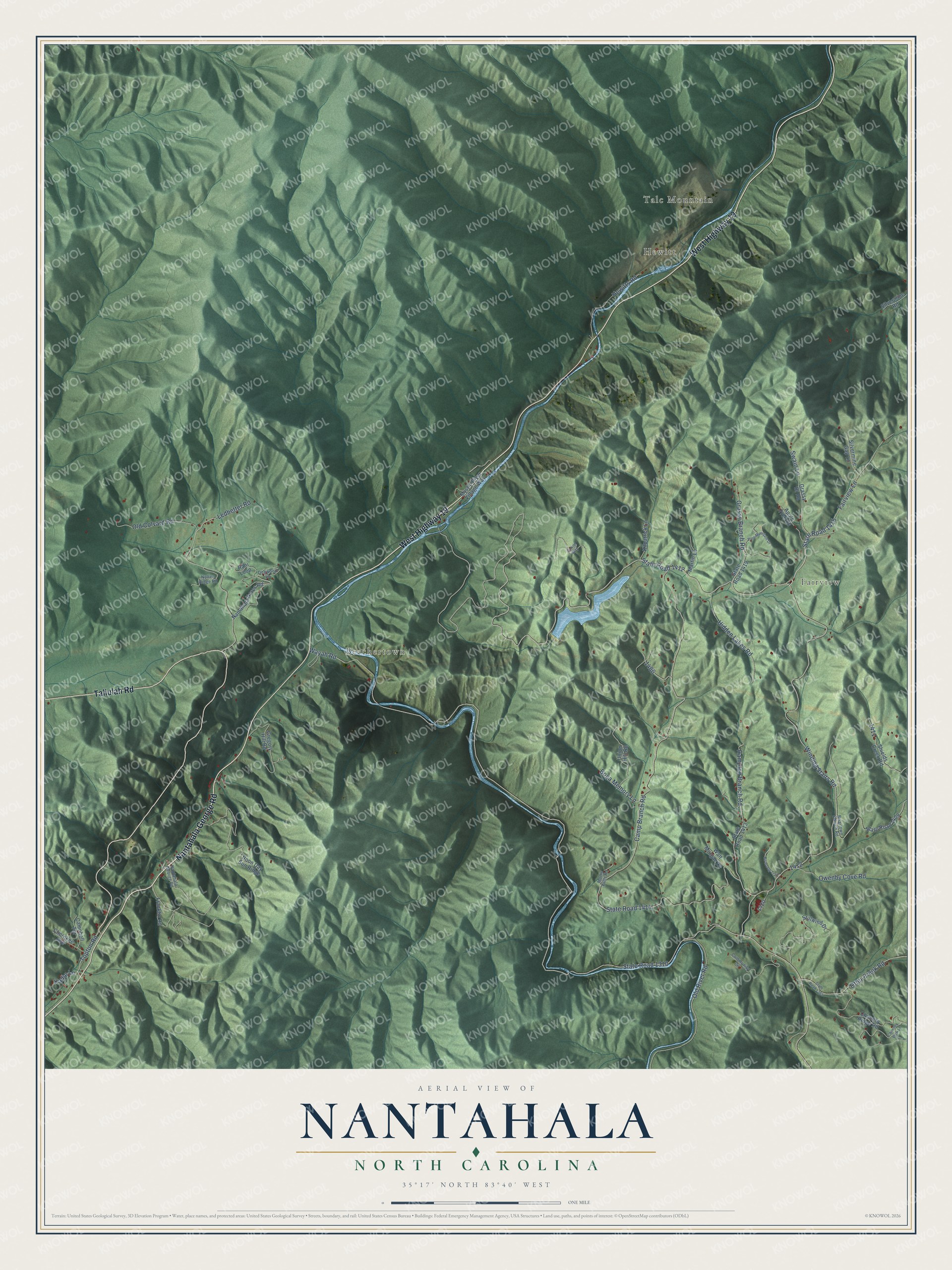 Full map of Nantahala, North Carolina, with red buildings, printed street names and the land around them