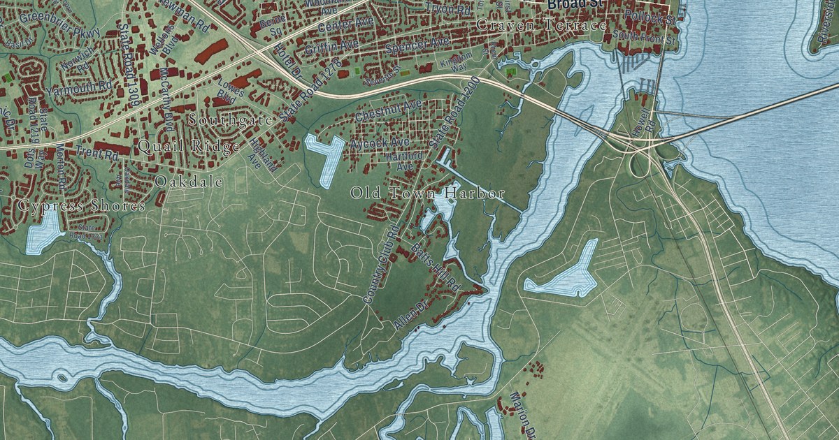 Map of New Bern, North Carolina in 2026